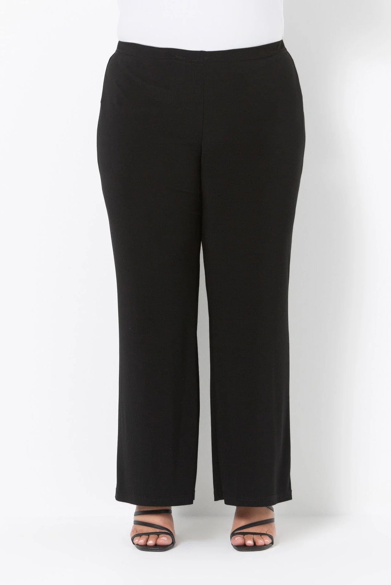 Black wide-leg pants on a white background