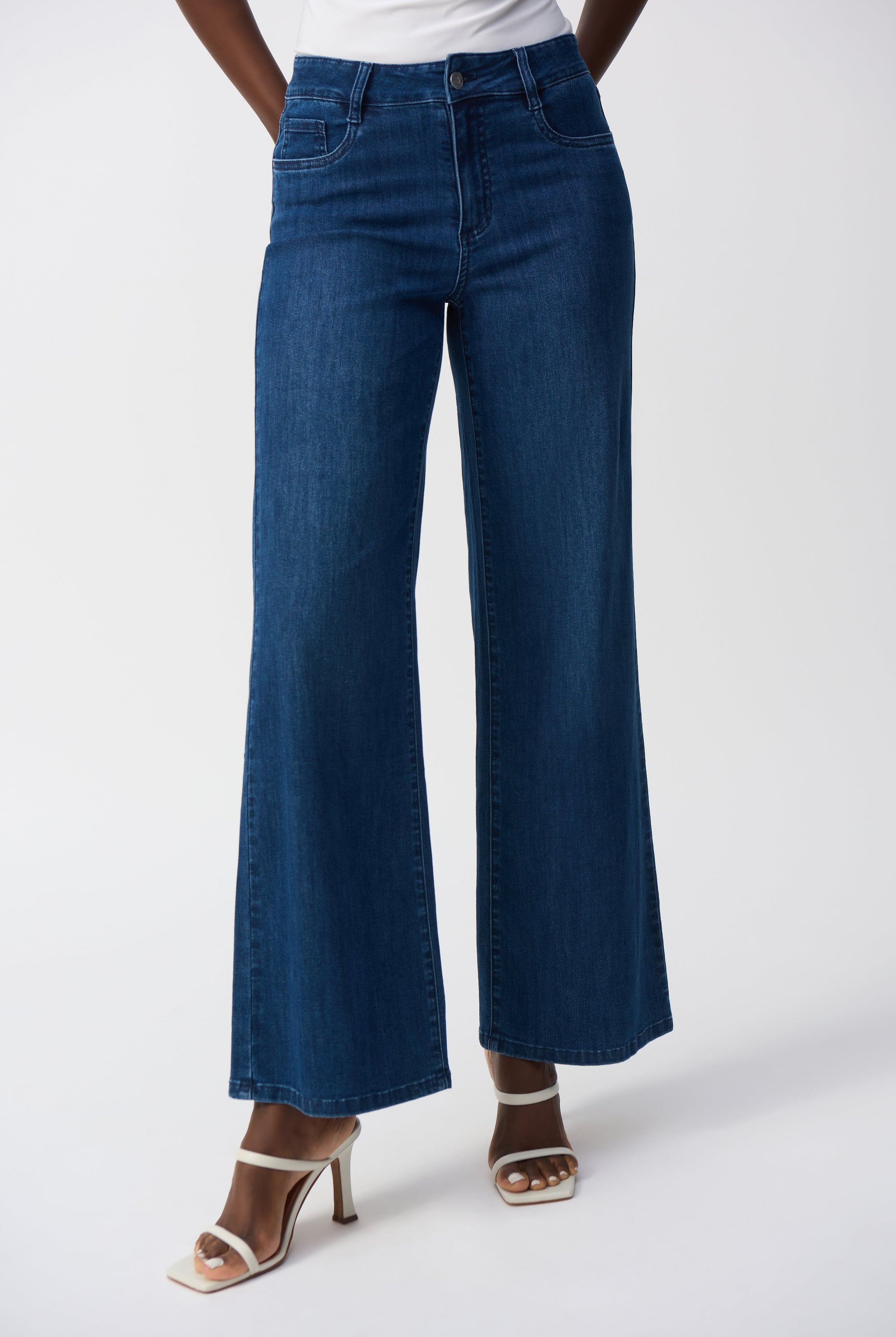 womens wide leg mid blue denim jean