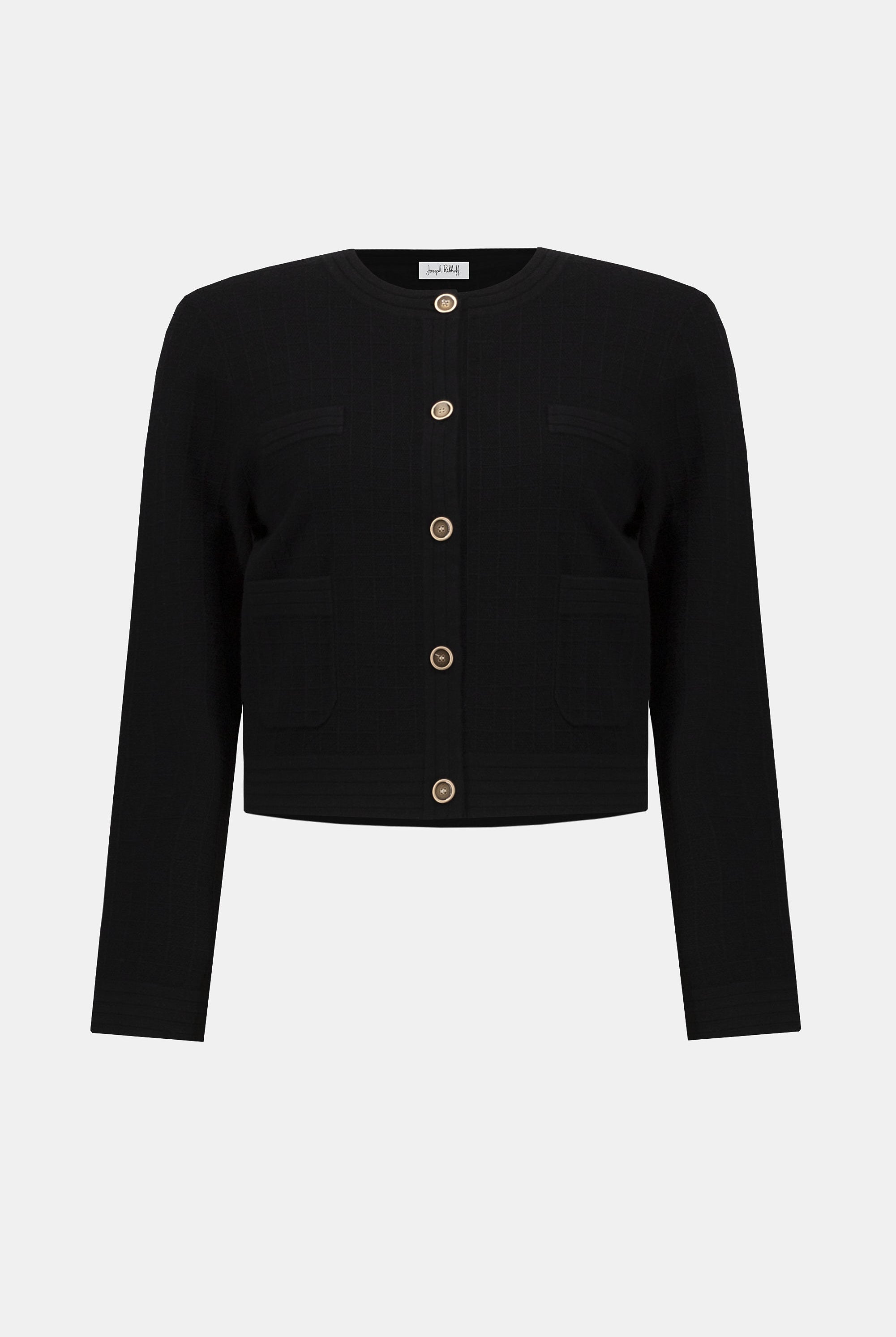Black cardigan with gold buttons on a white background