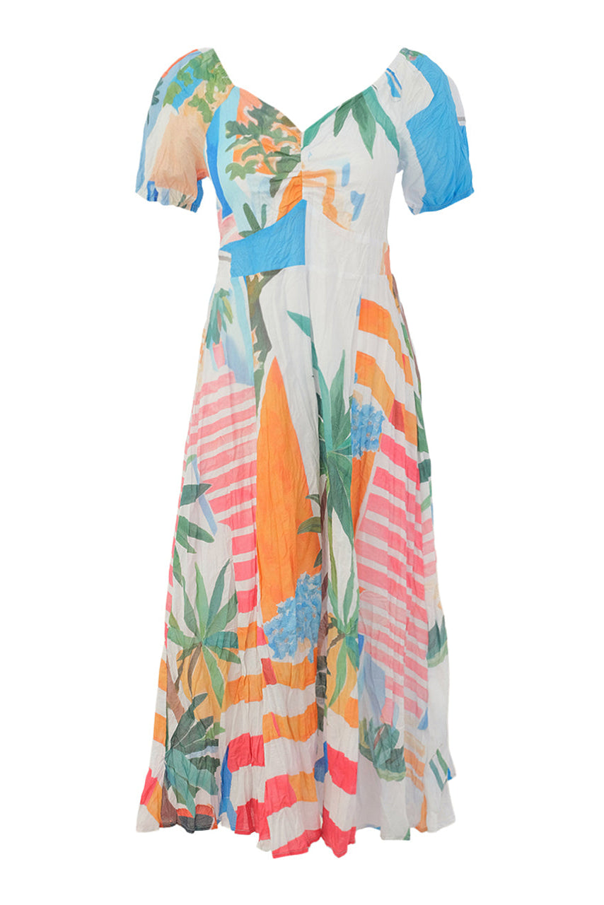Colorful tropical patterned dress on a white background