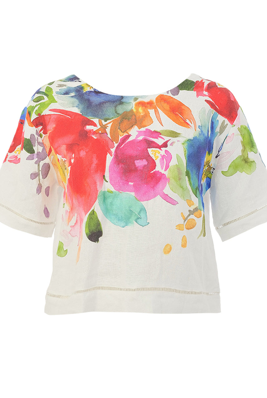 Colorful floral print shirt on a white background