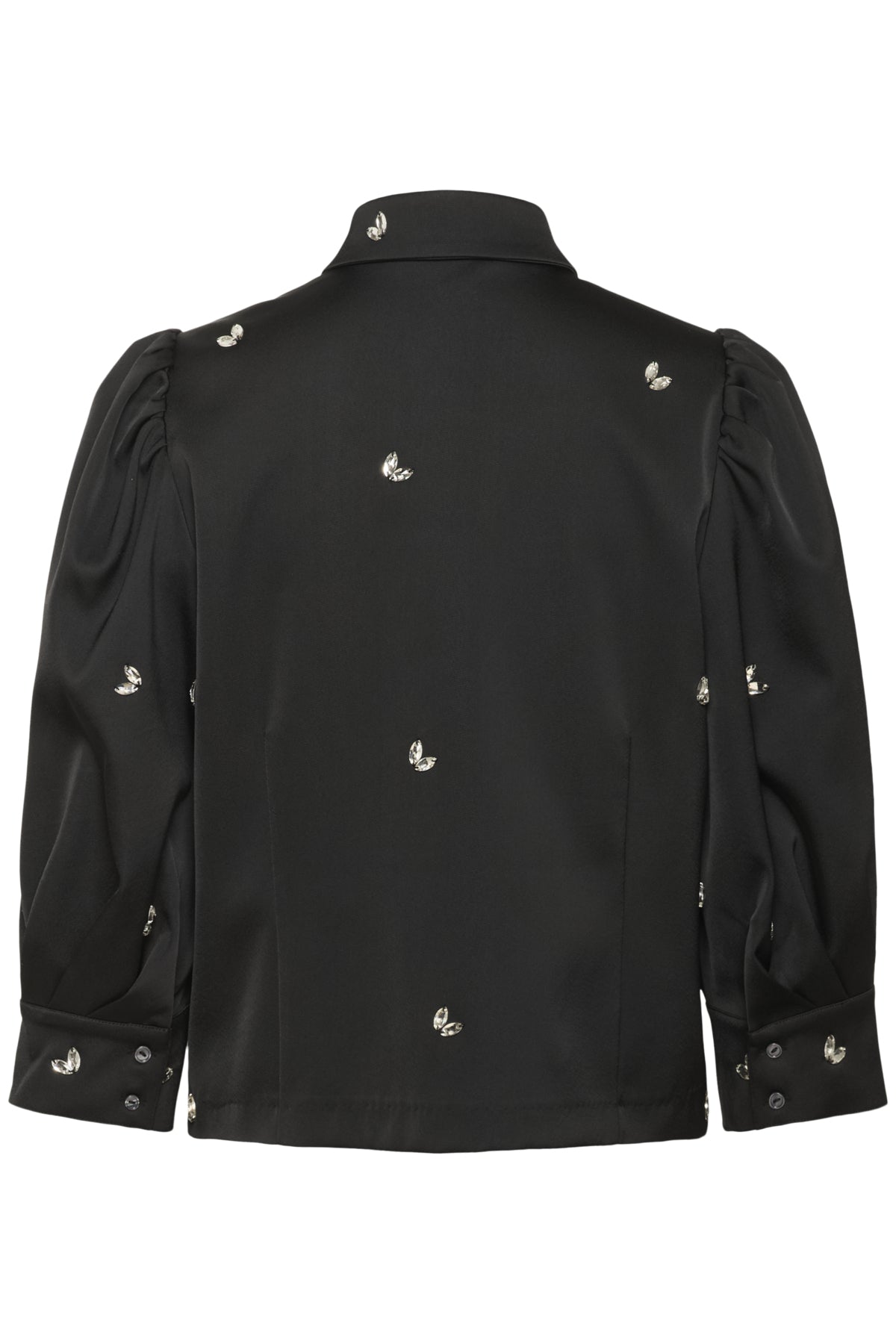 Black jacket with decorative appliques on a white background
