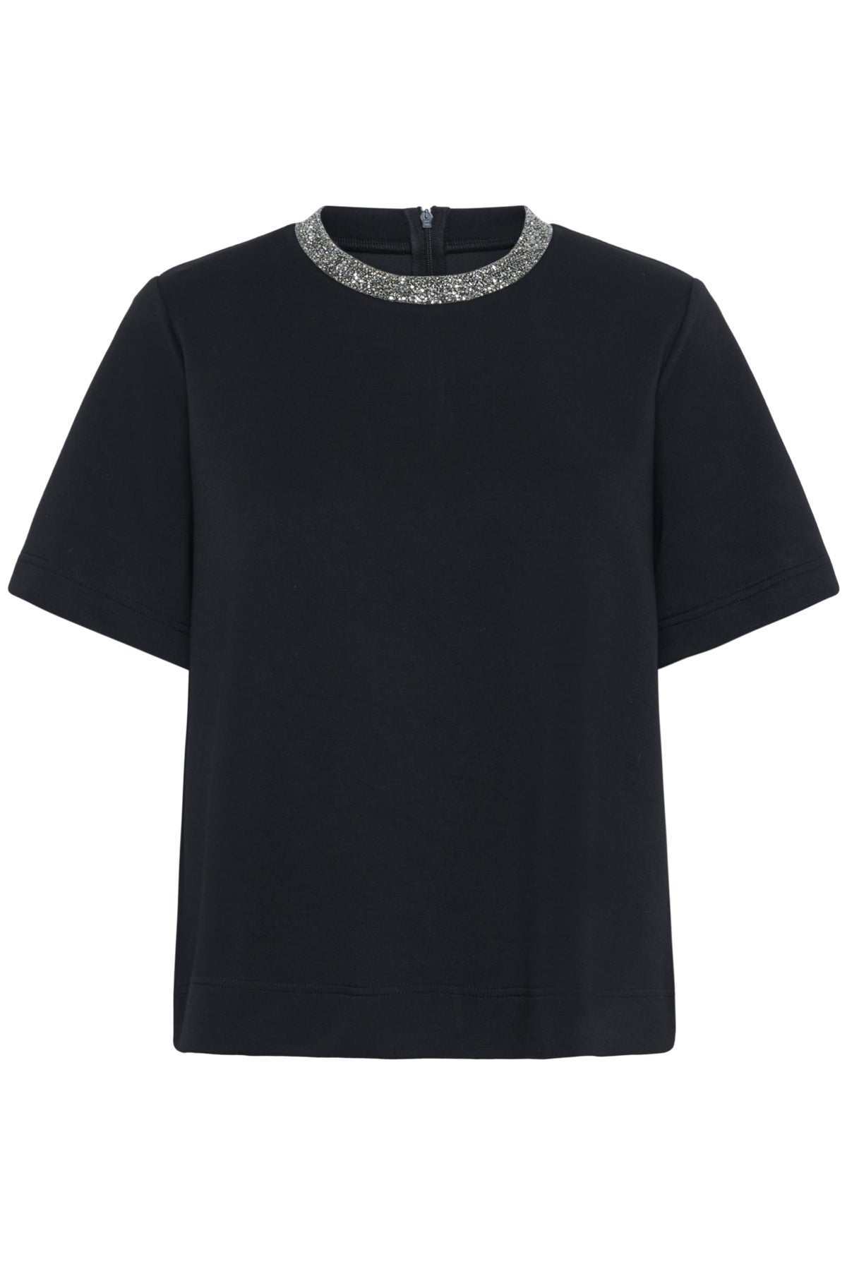 Black t-shirt with a silver embellished neckline on a white background