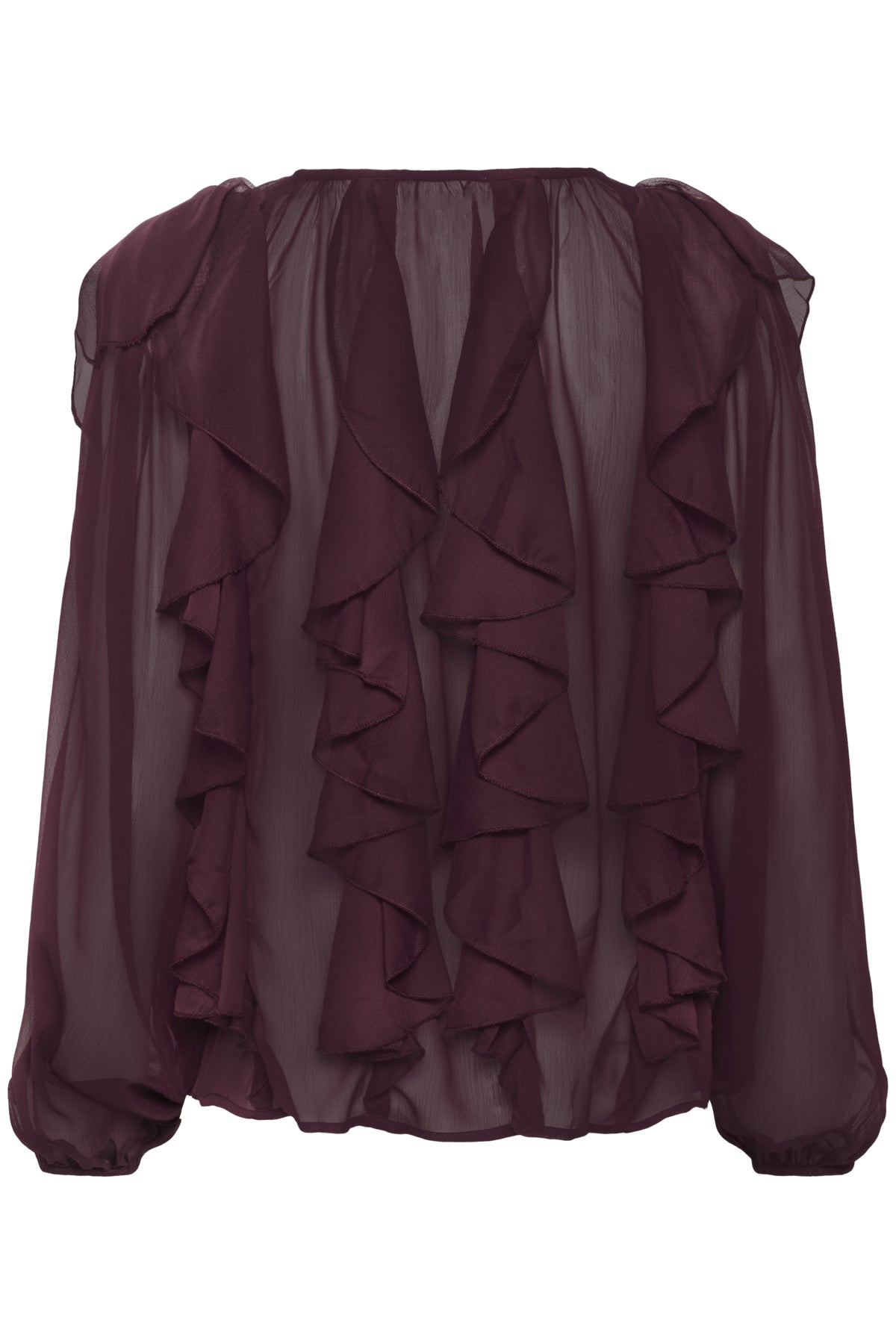 Maroon off-shoulder blouse with ruffled details on a white background back angle