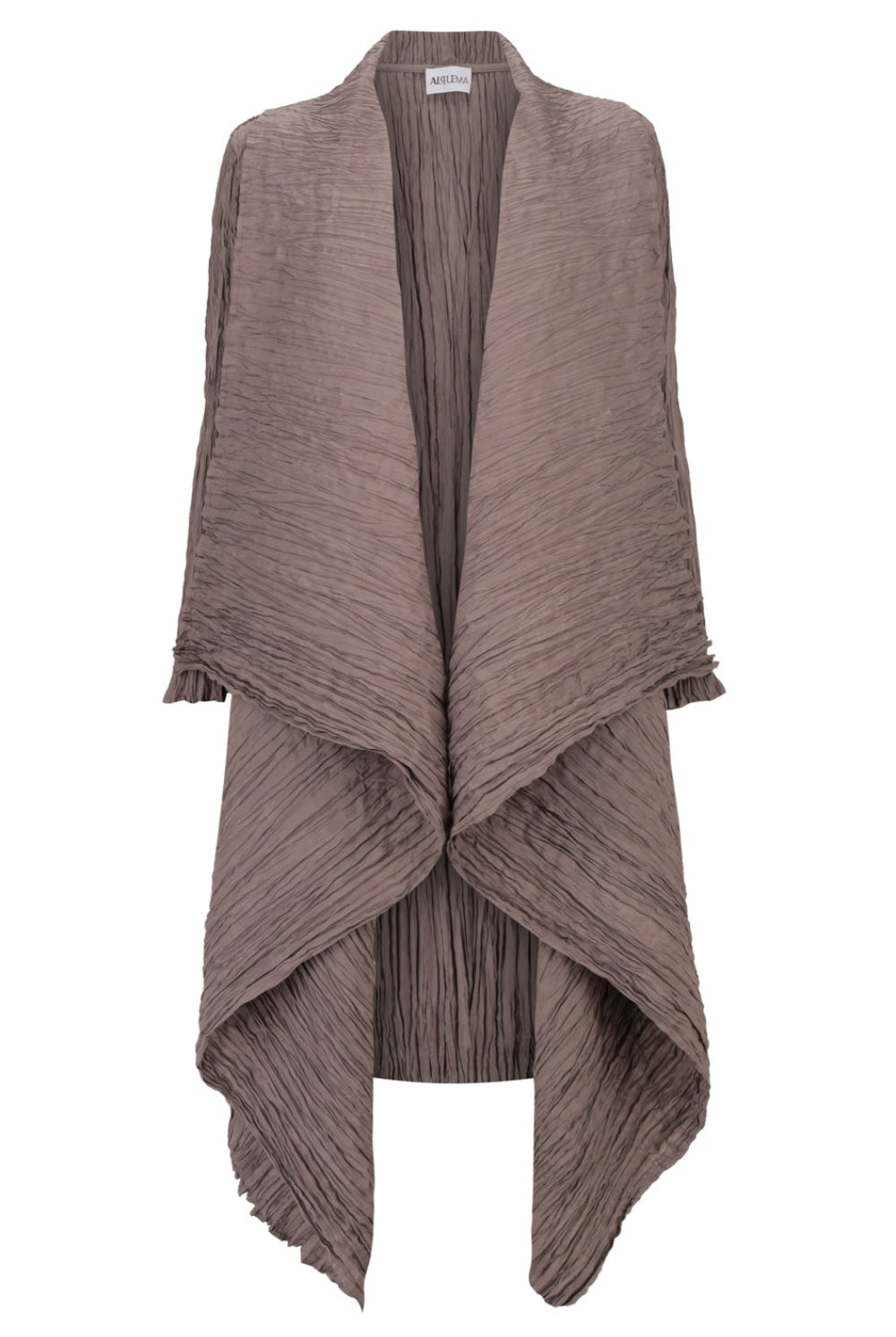 womens waterfall satin coat lilac marble brown worn by model clear cut