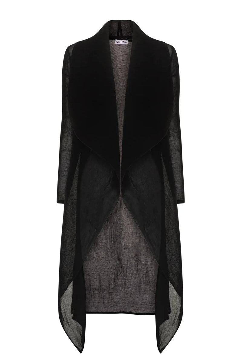 Black long coat with sheer overlay on a white background