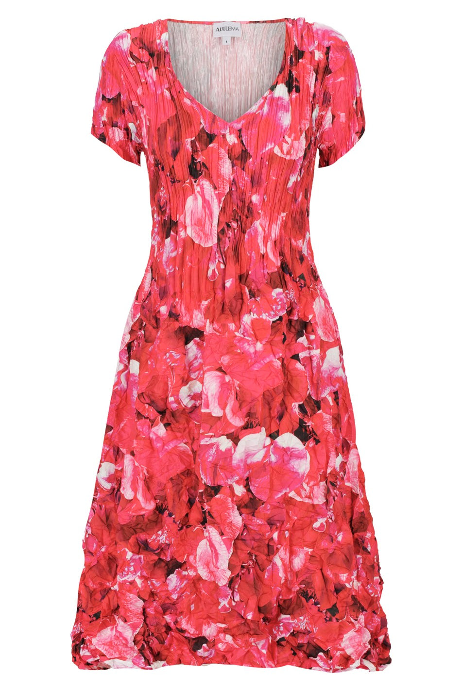 womens smash finish midi dress pink floral worn by model clear cut
