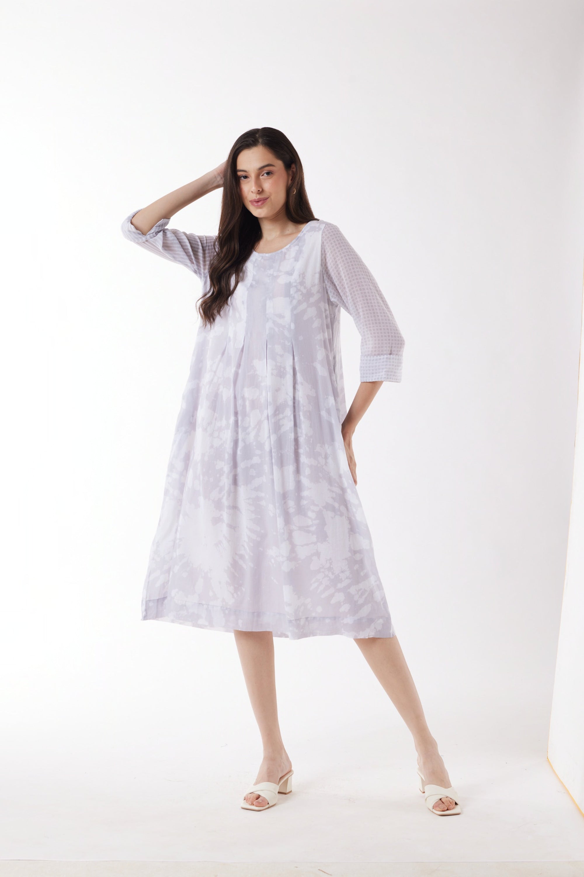 light grey print midi dress worn by model