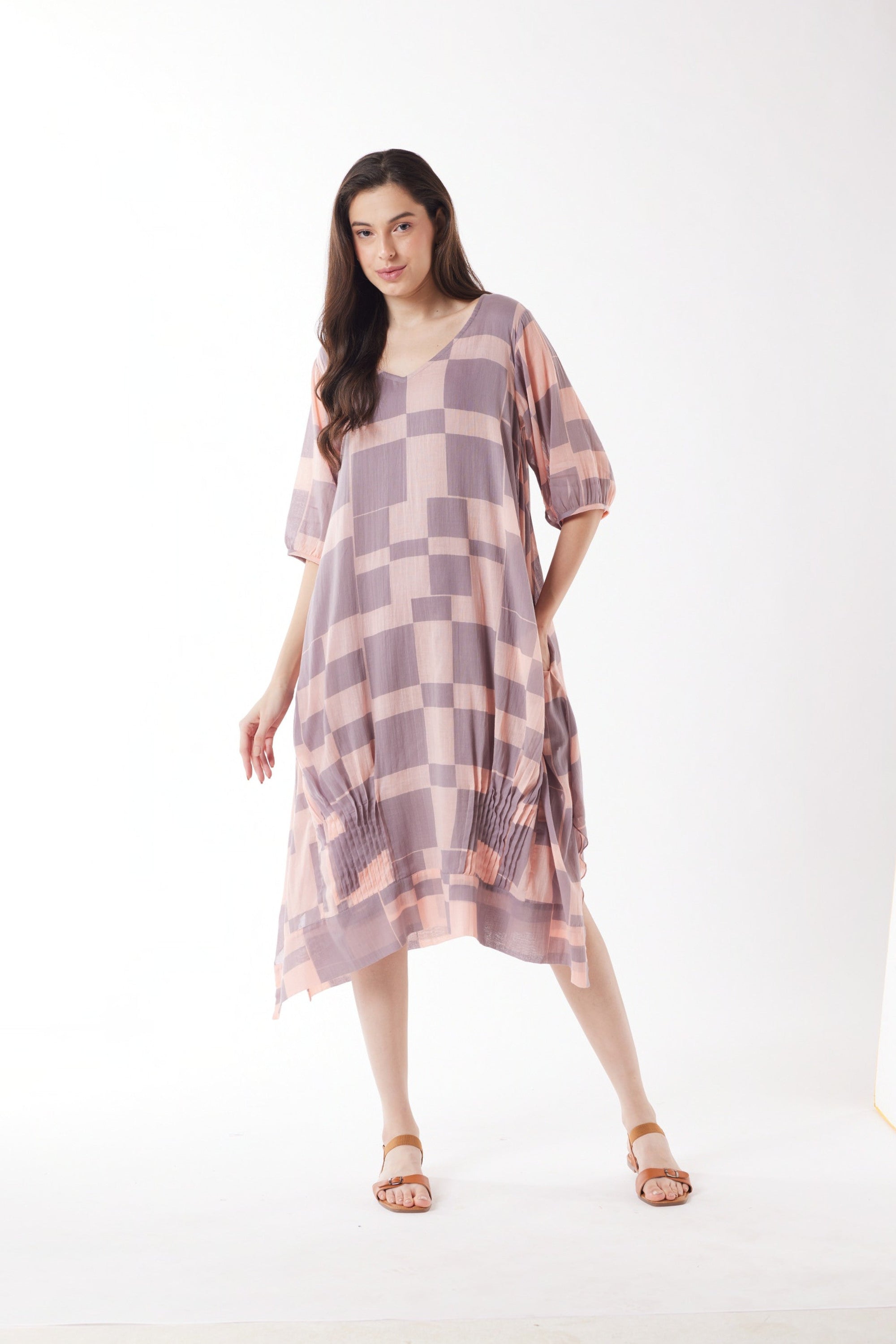 dusty pink purple block print midi dress worn by model