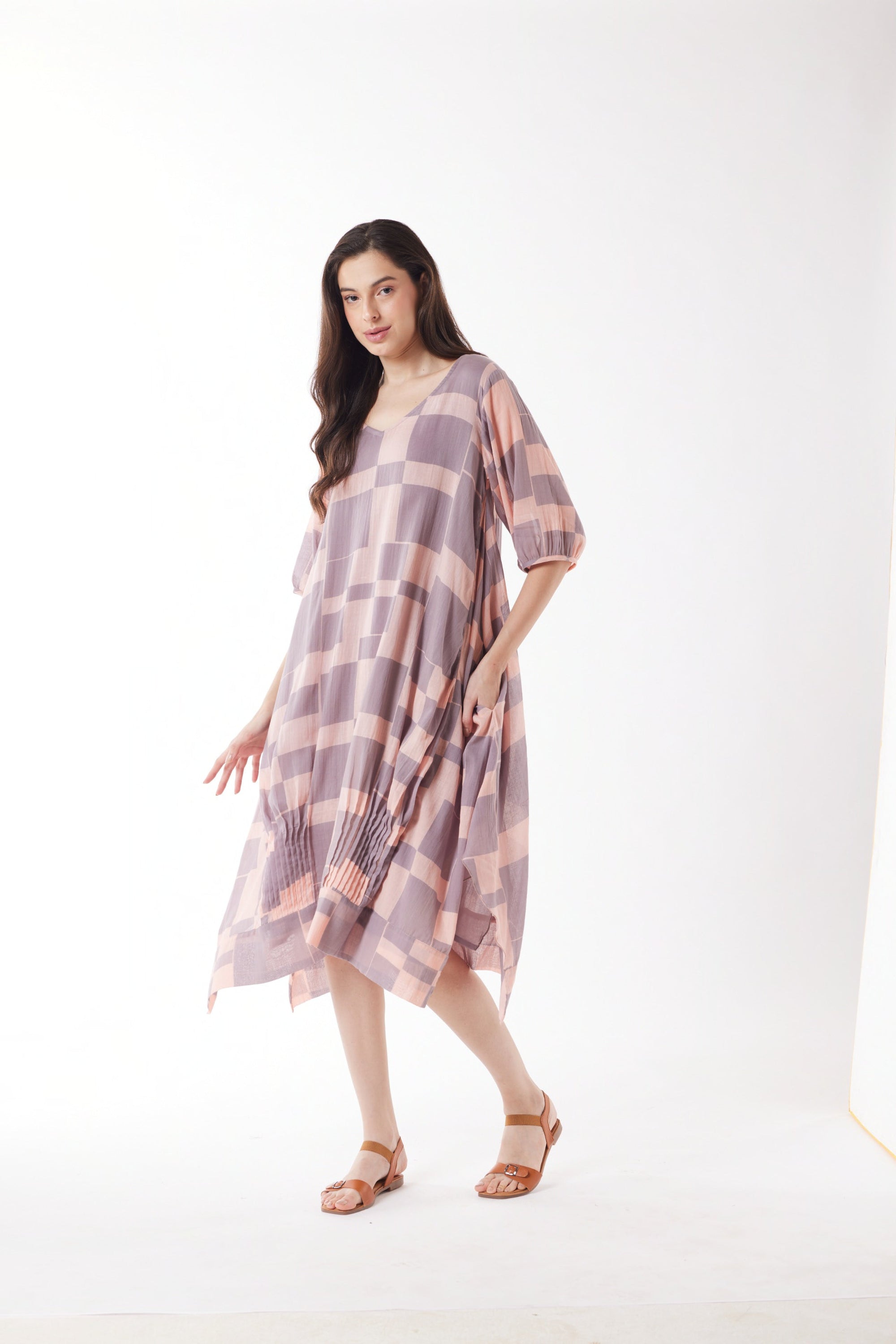 dusty pink purple block print midi dress worn by model