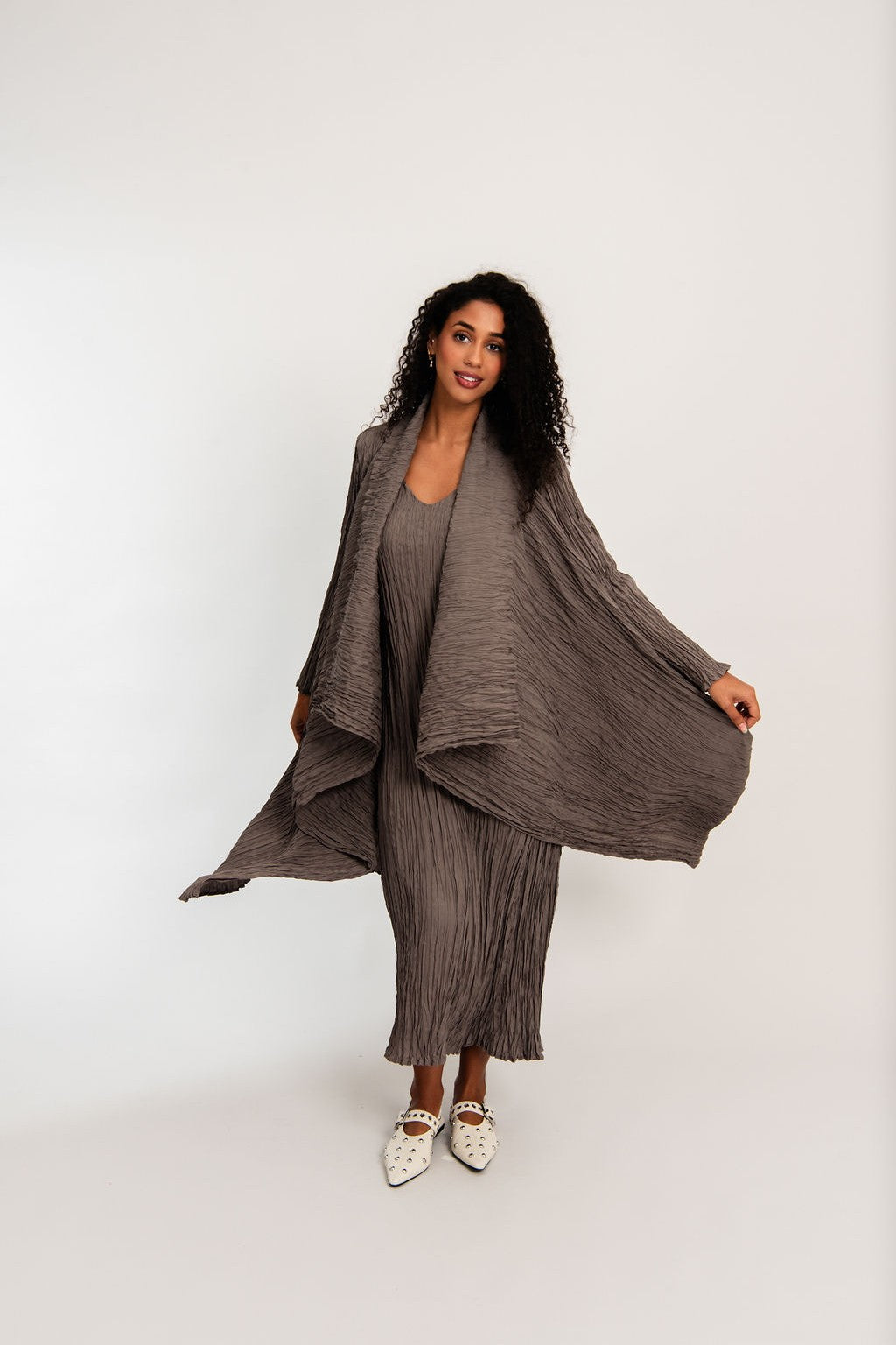 womens waterfall satin coat lilac marble brown worn by model