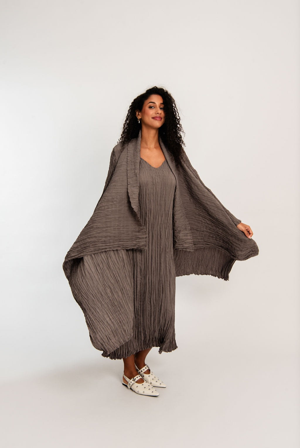 womens waterfall satin coat lilac marble brown worn by model