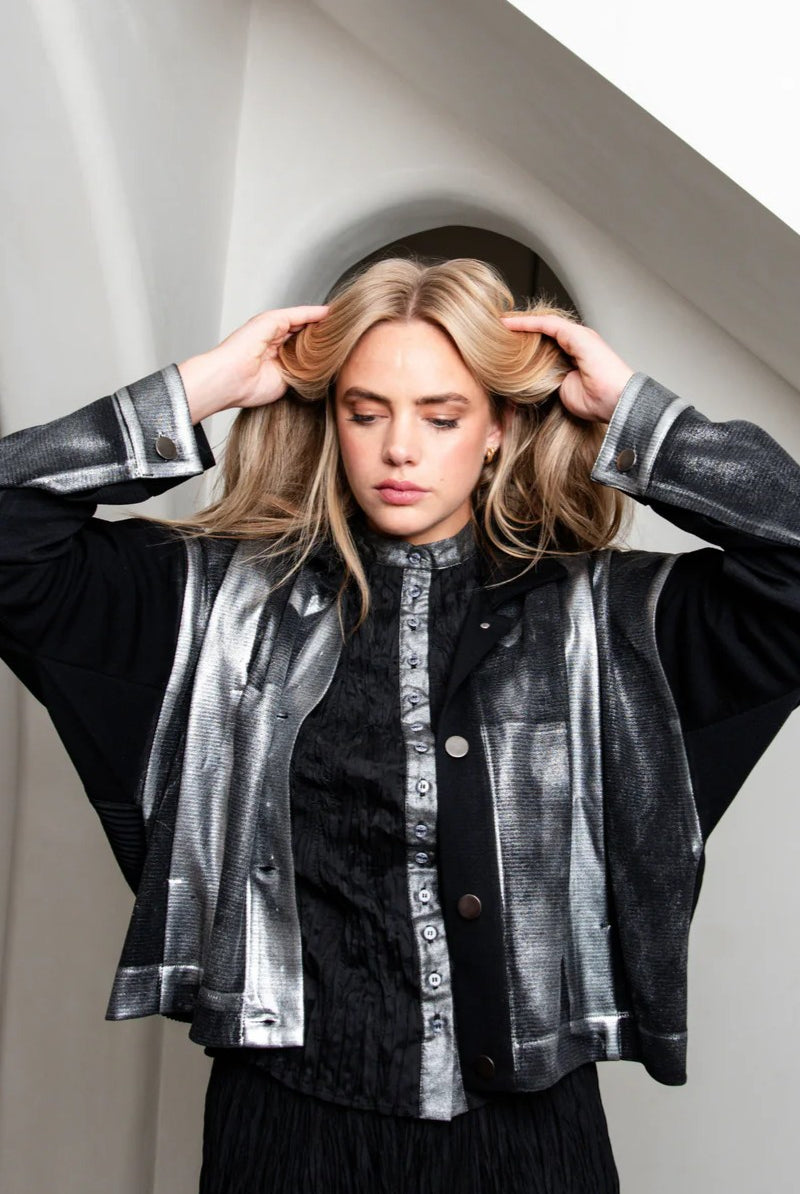 foiled silver print crop jacket