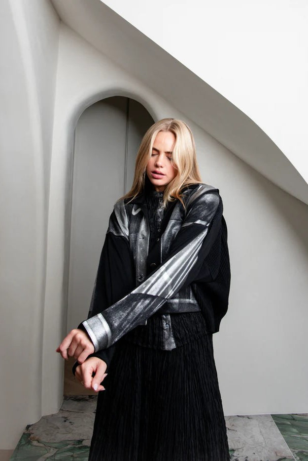 foiled silver print crop jacket