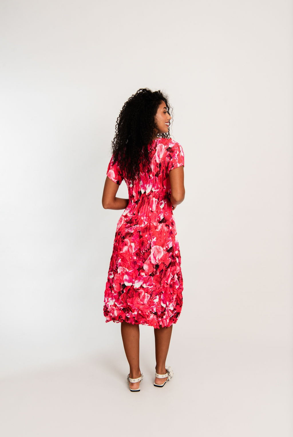 womens smash finish midi dress pink floral worn by model back view