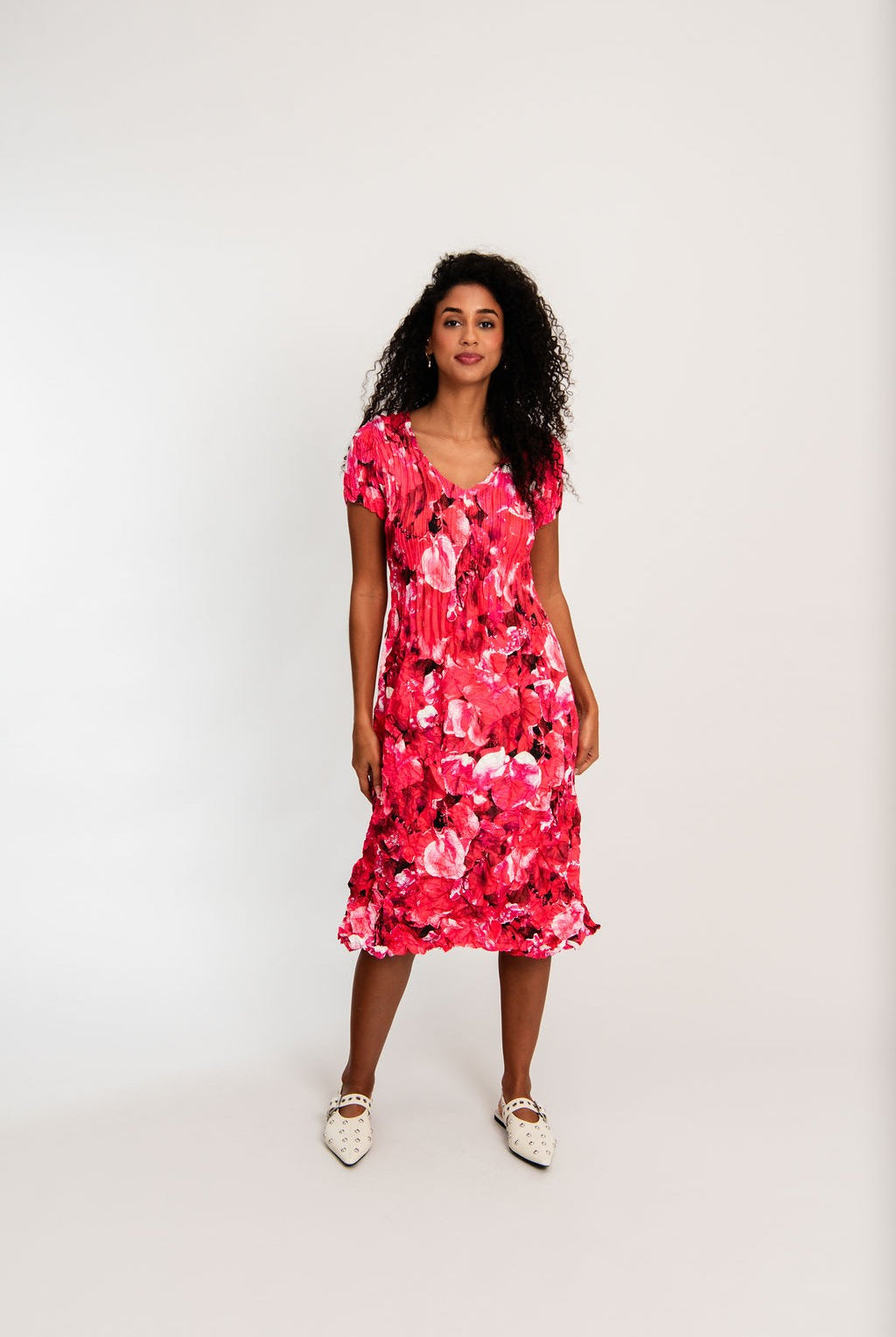 womens smash finish midi dress pink floral worn by model
