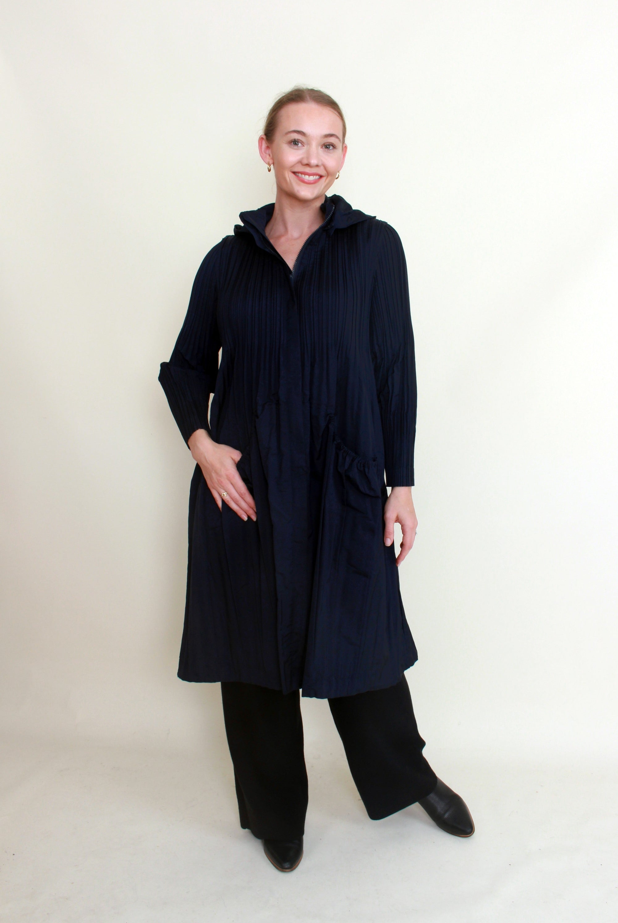 pleated windbreaker hooded longline jacket dark navy