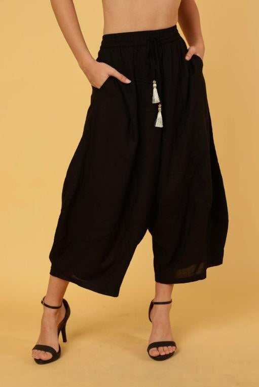 womens cropped wide leg boho style pant with tassel drawstring in black
