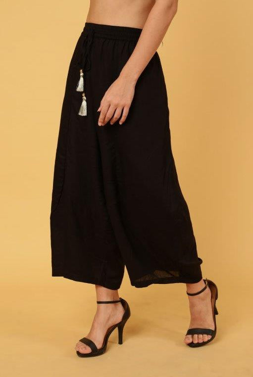 womens cropped wide leg boho style pant with tassel drawstring in black side view