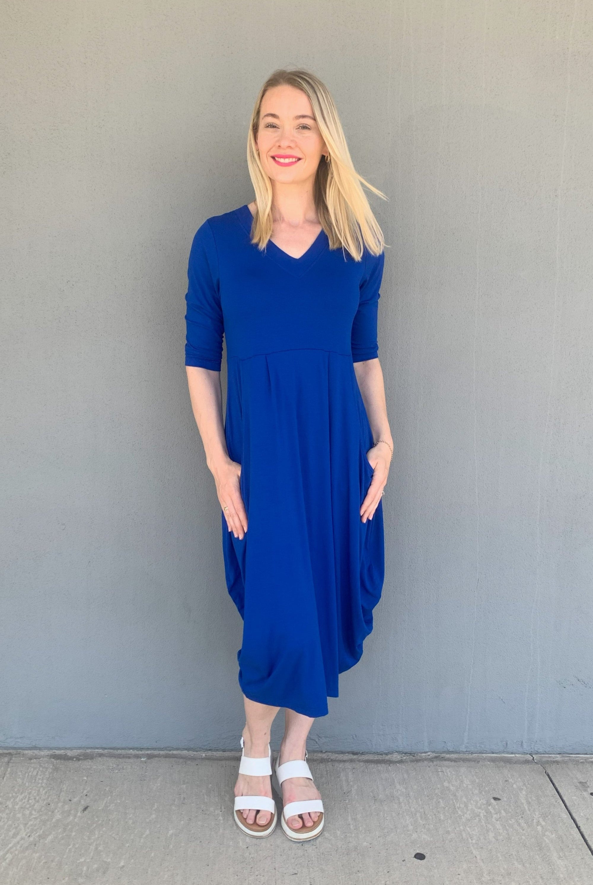 midi-dress-cobalt-blue-sleeve-v-neck