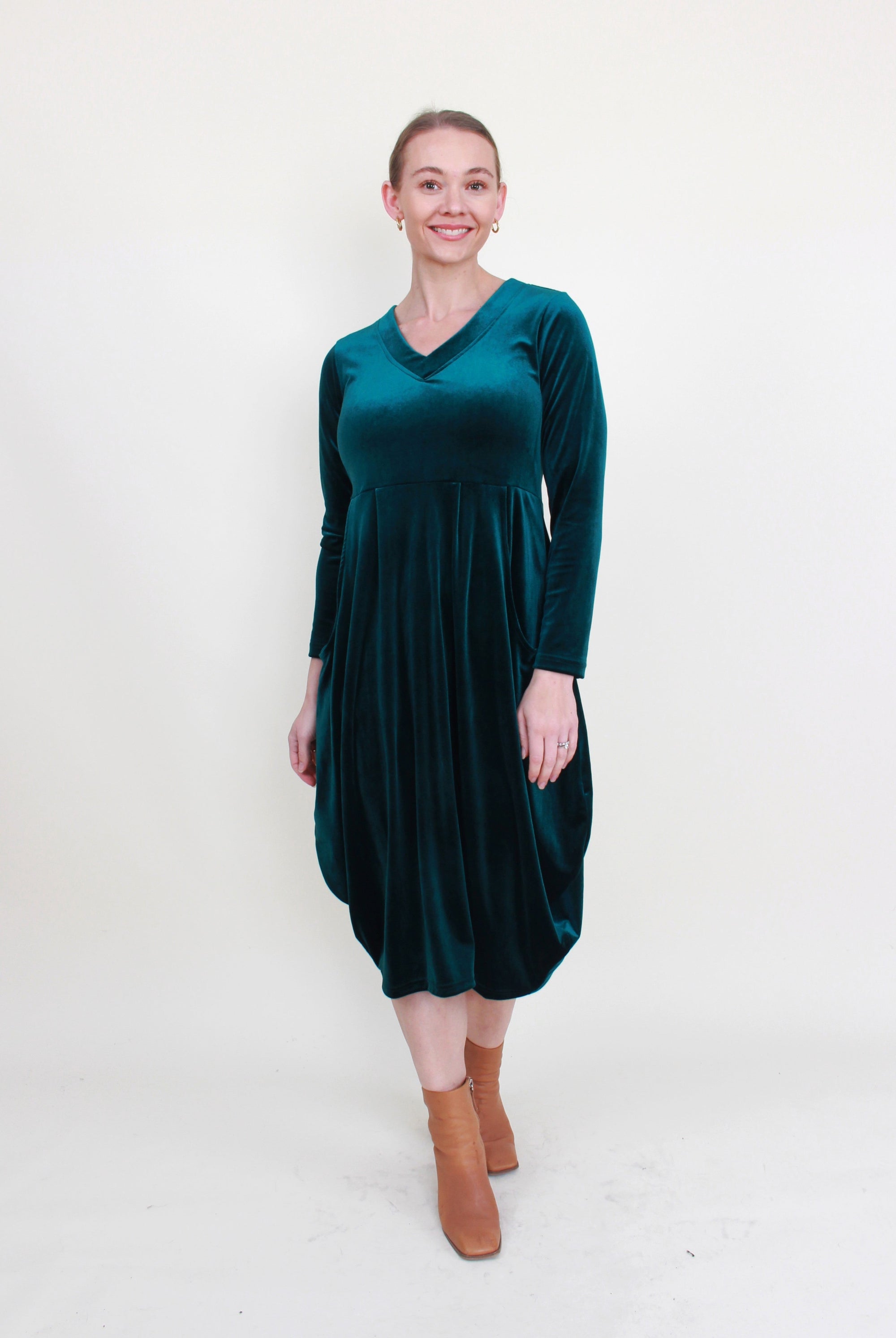 womens cocoon midi dress long sleeve velvet teal