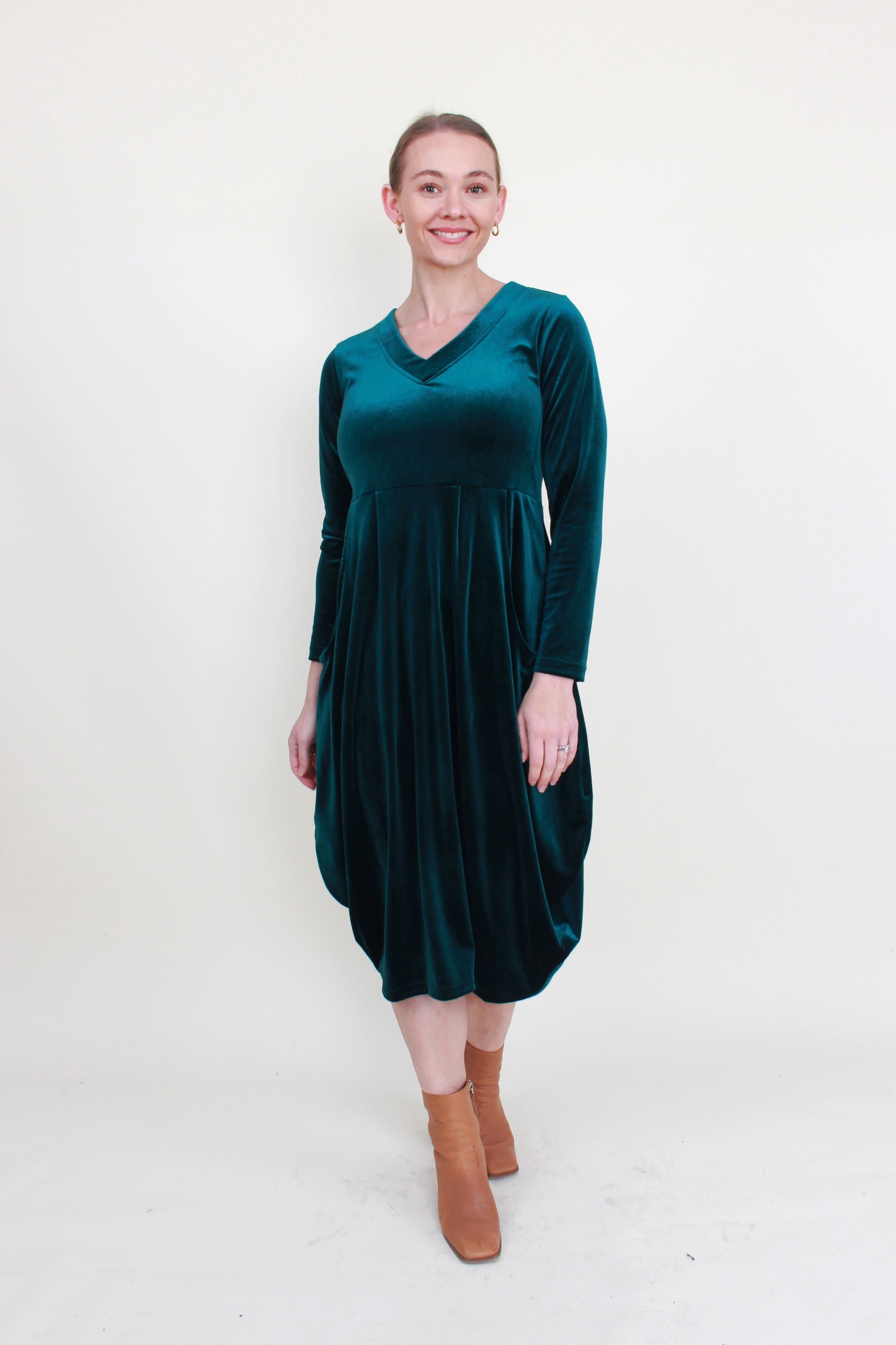 womens cocoon midi dress long sleeve velvet teal