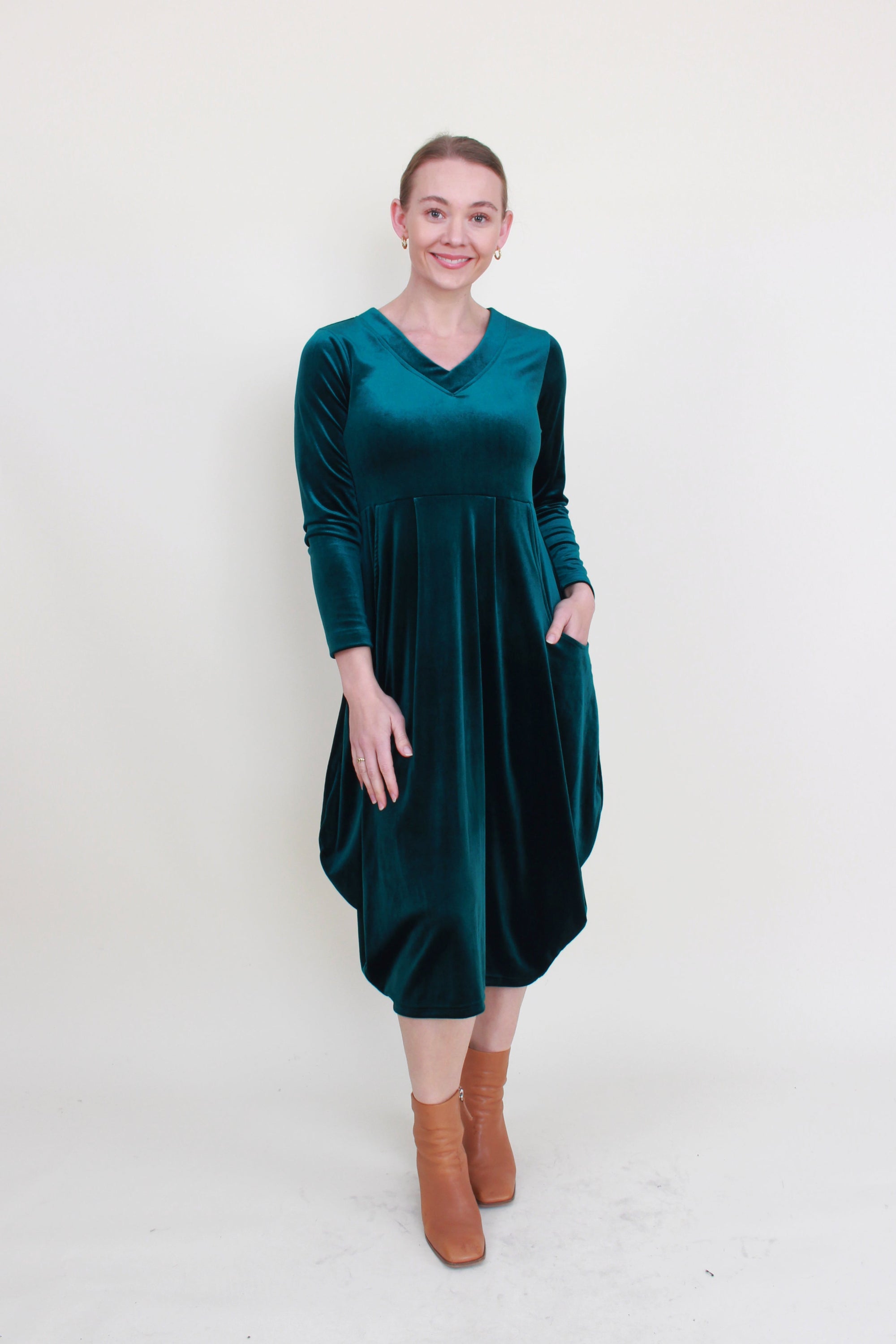 womens cocoon midi dress long sleeve velvet teal 3