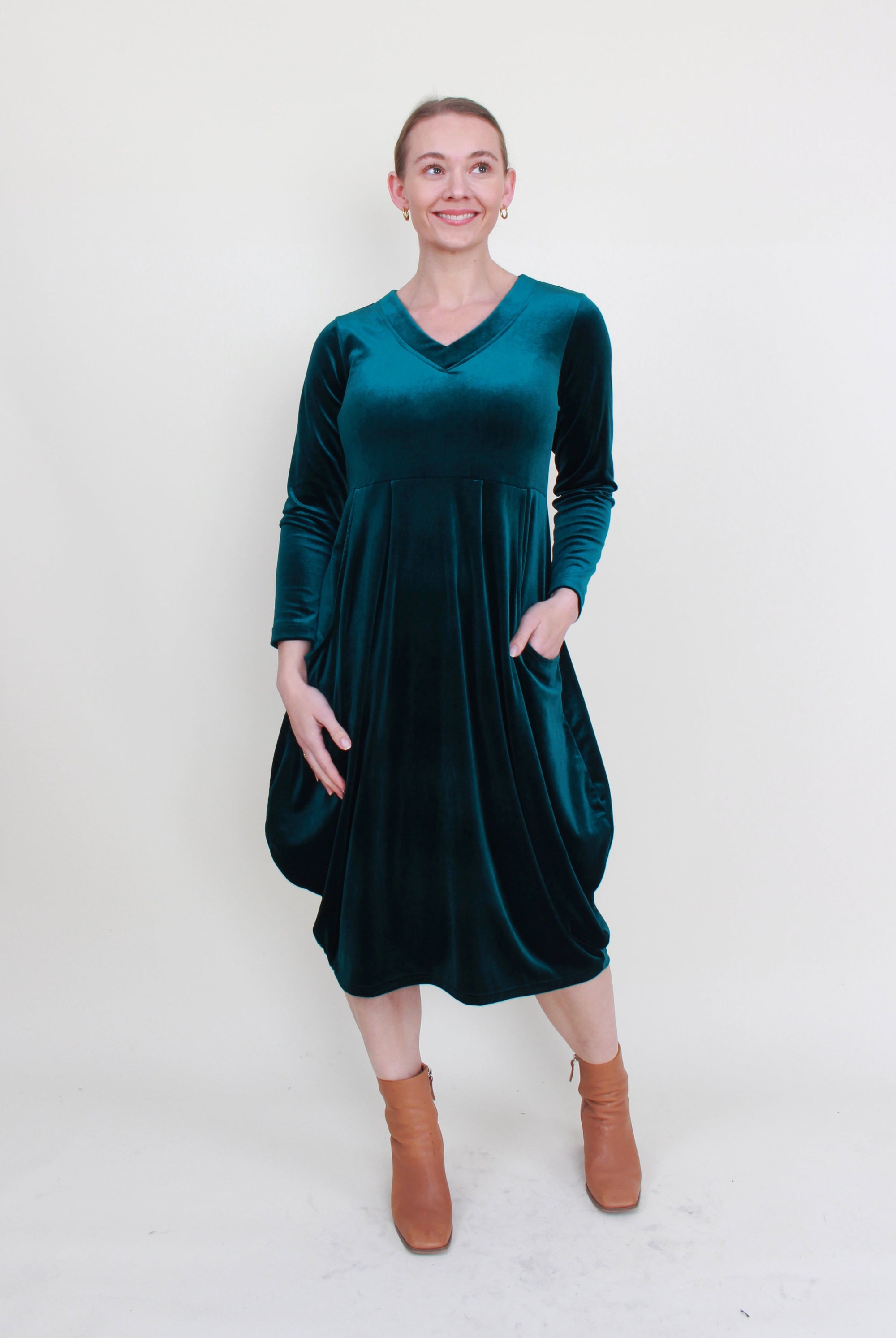 womens cocoon midi dress long sleeve velvet teal 2