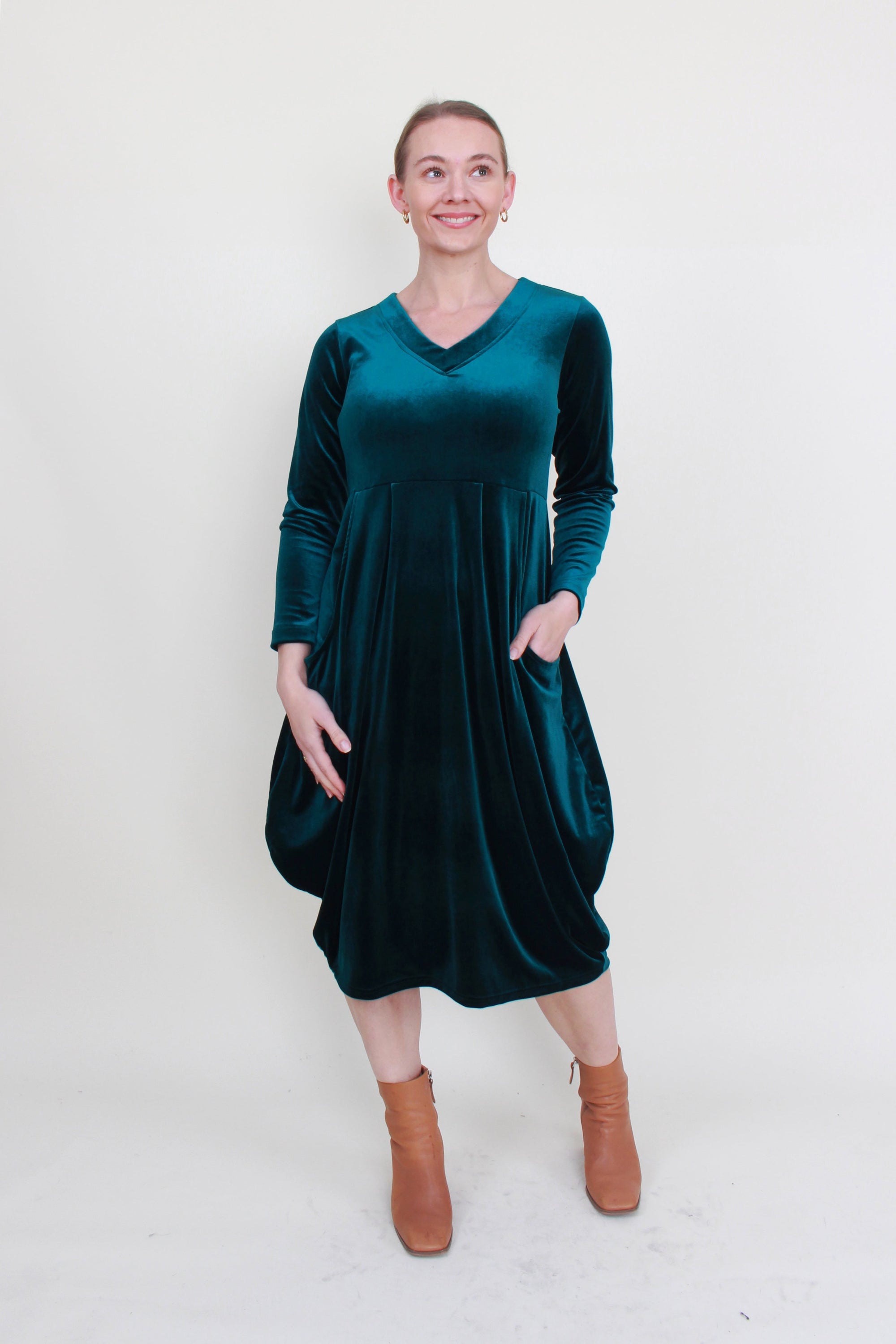 womens cocoon midi dress long sleeve velvet teal 2