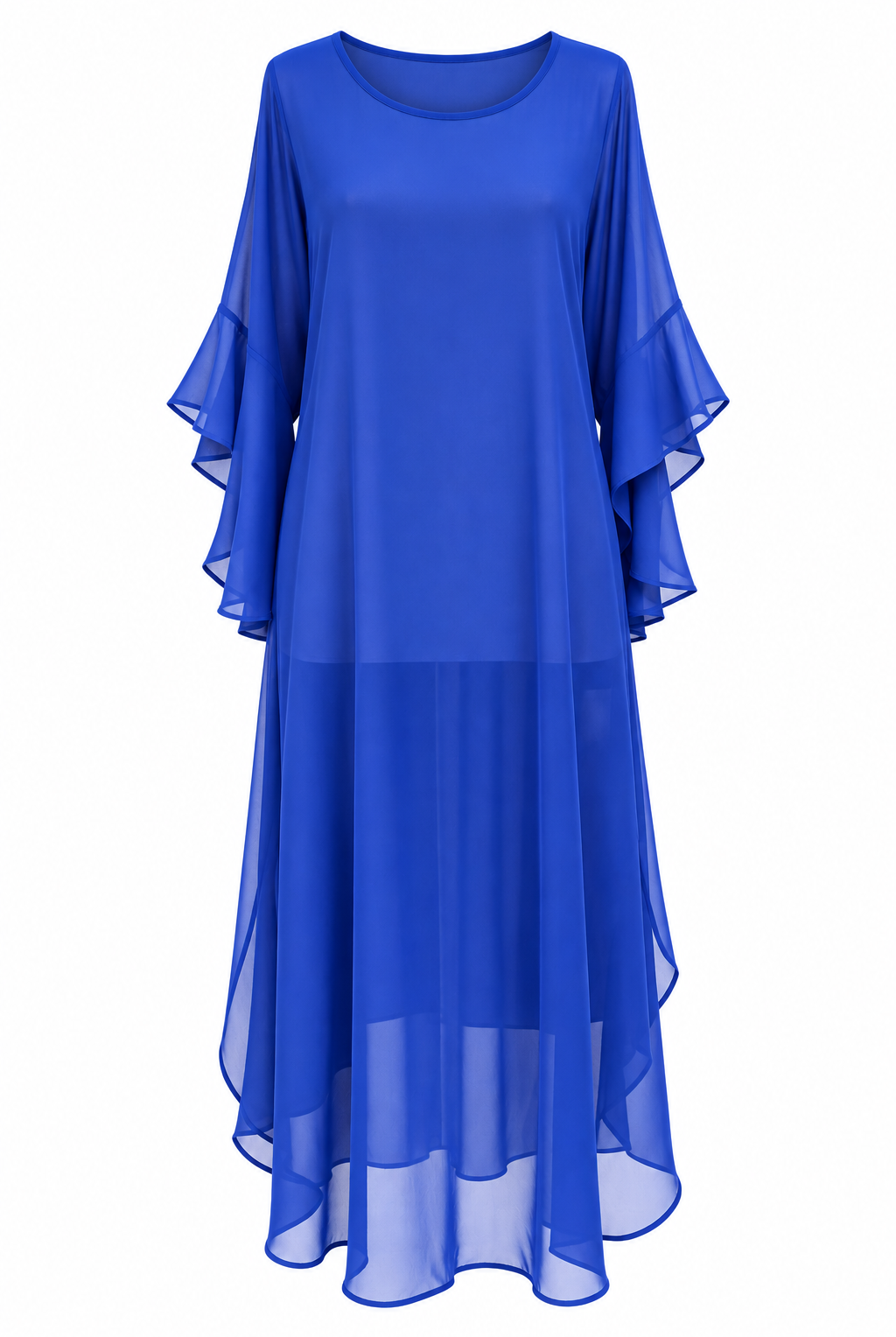 Floaty blue chiffon dress against a white background
