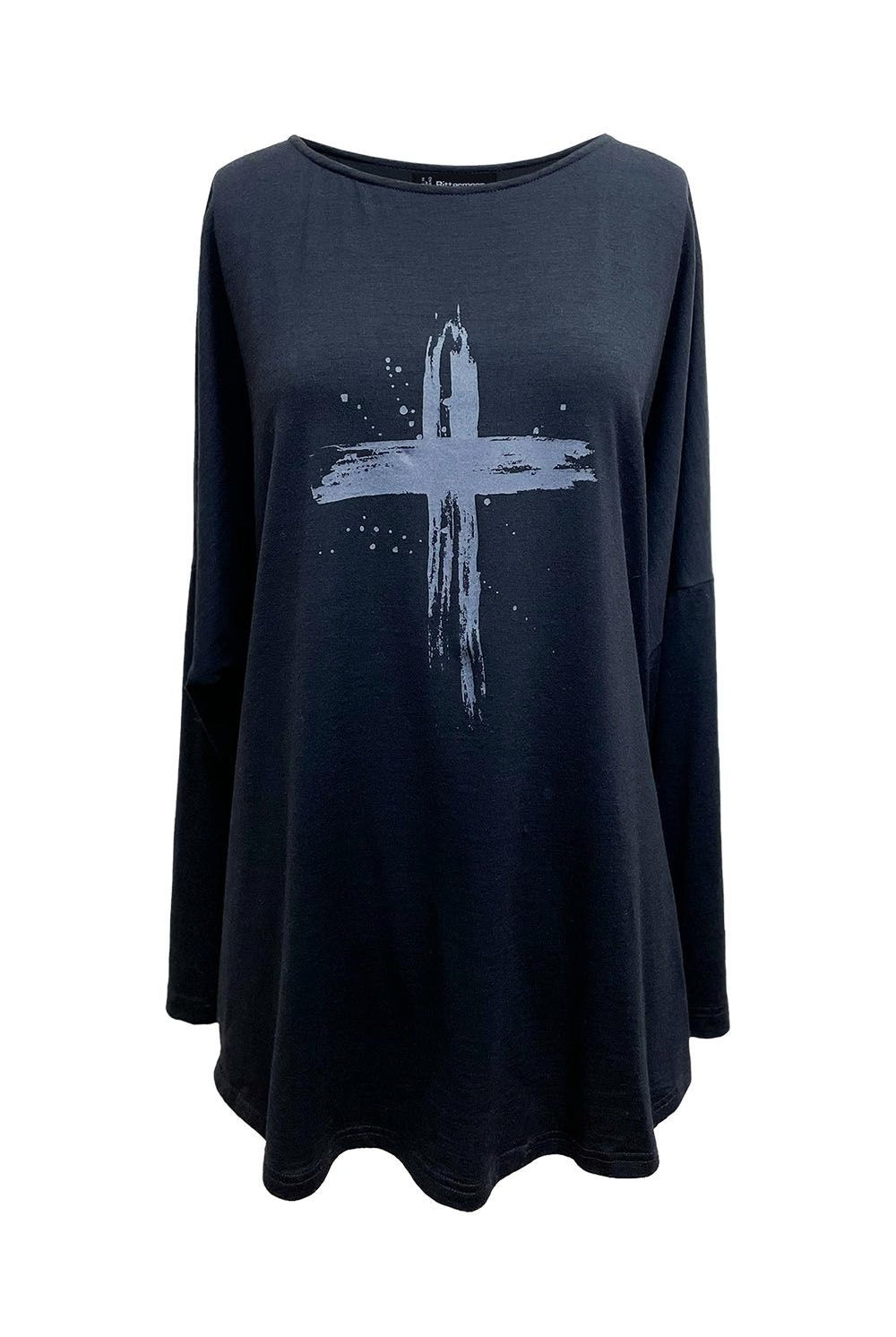 womens longline swing tee long sleeve black with grey cross screenprint