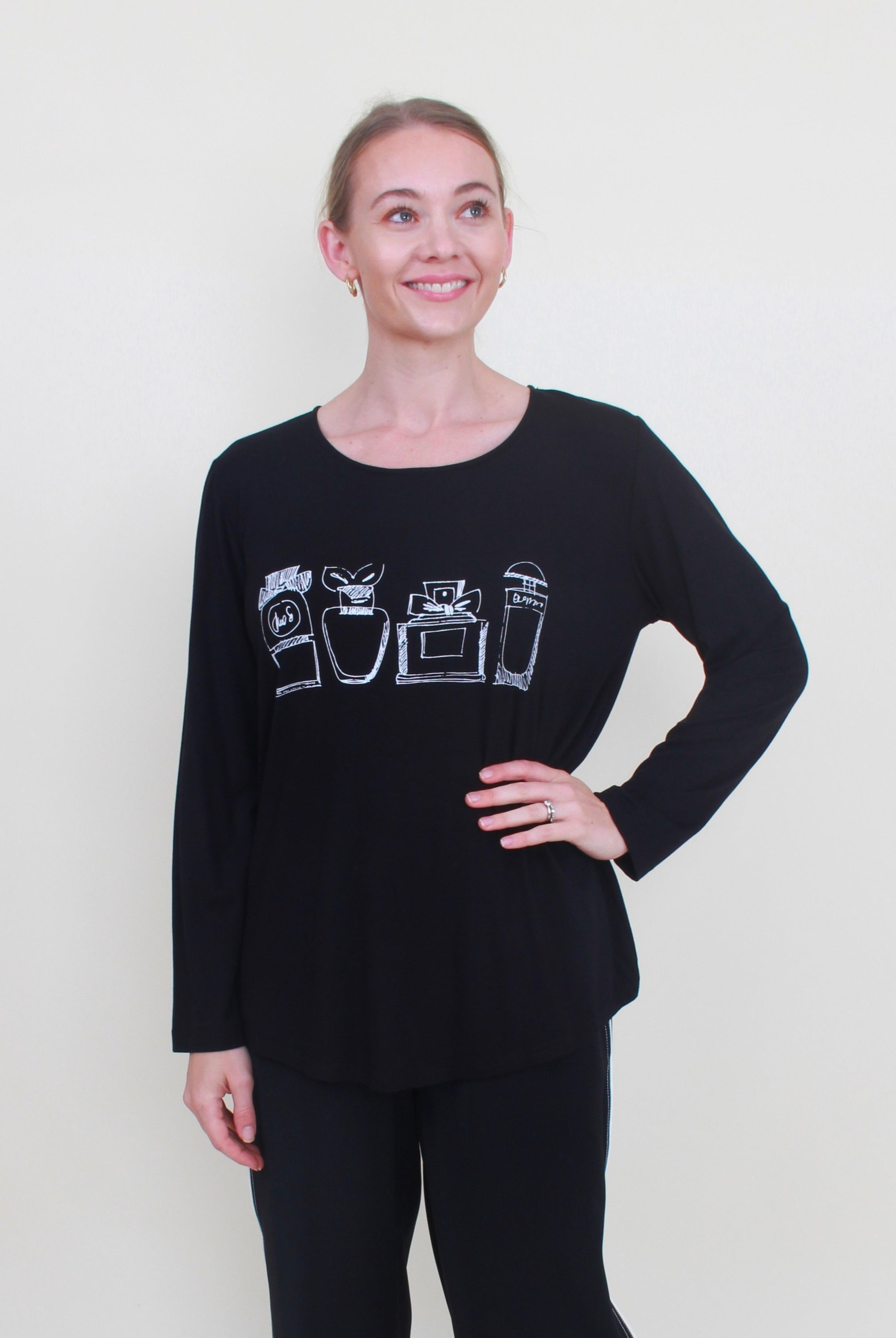 womens curve hem top black with purfume bottle print
