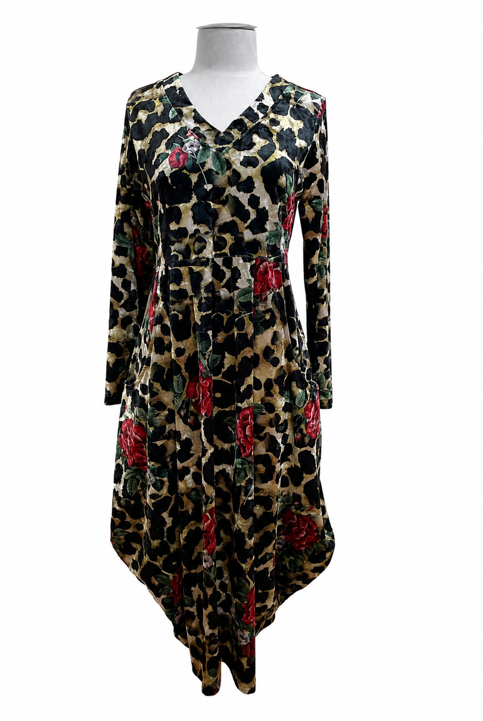 Leopard print dress with floral patterns on a mannequin against a white background
