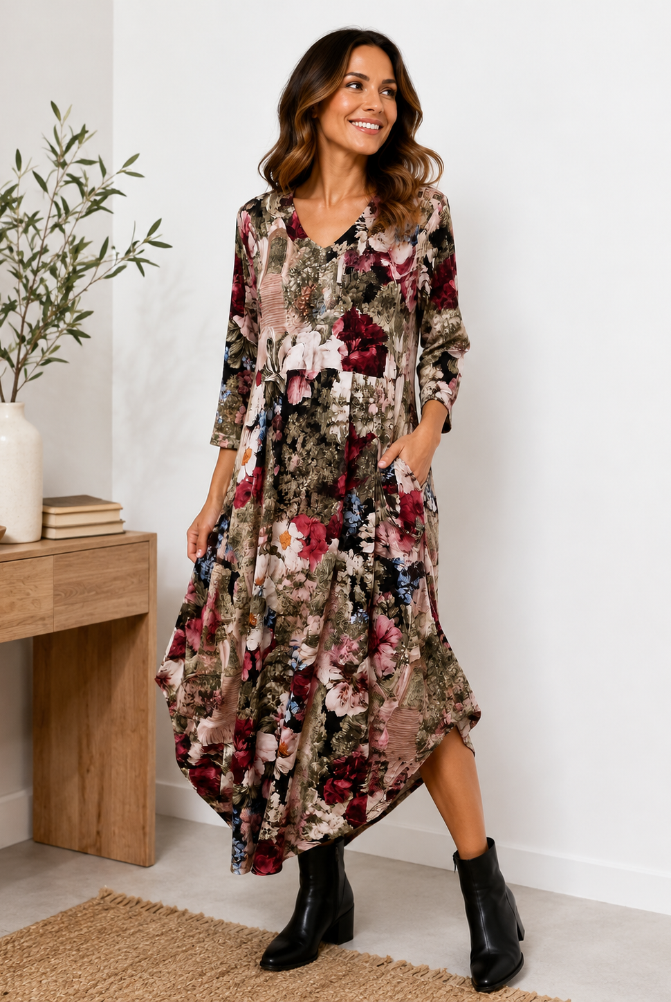 Woman wearing a floral dress standing in a room with a wooden table and plant.