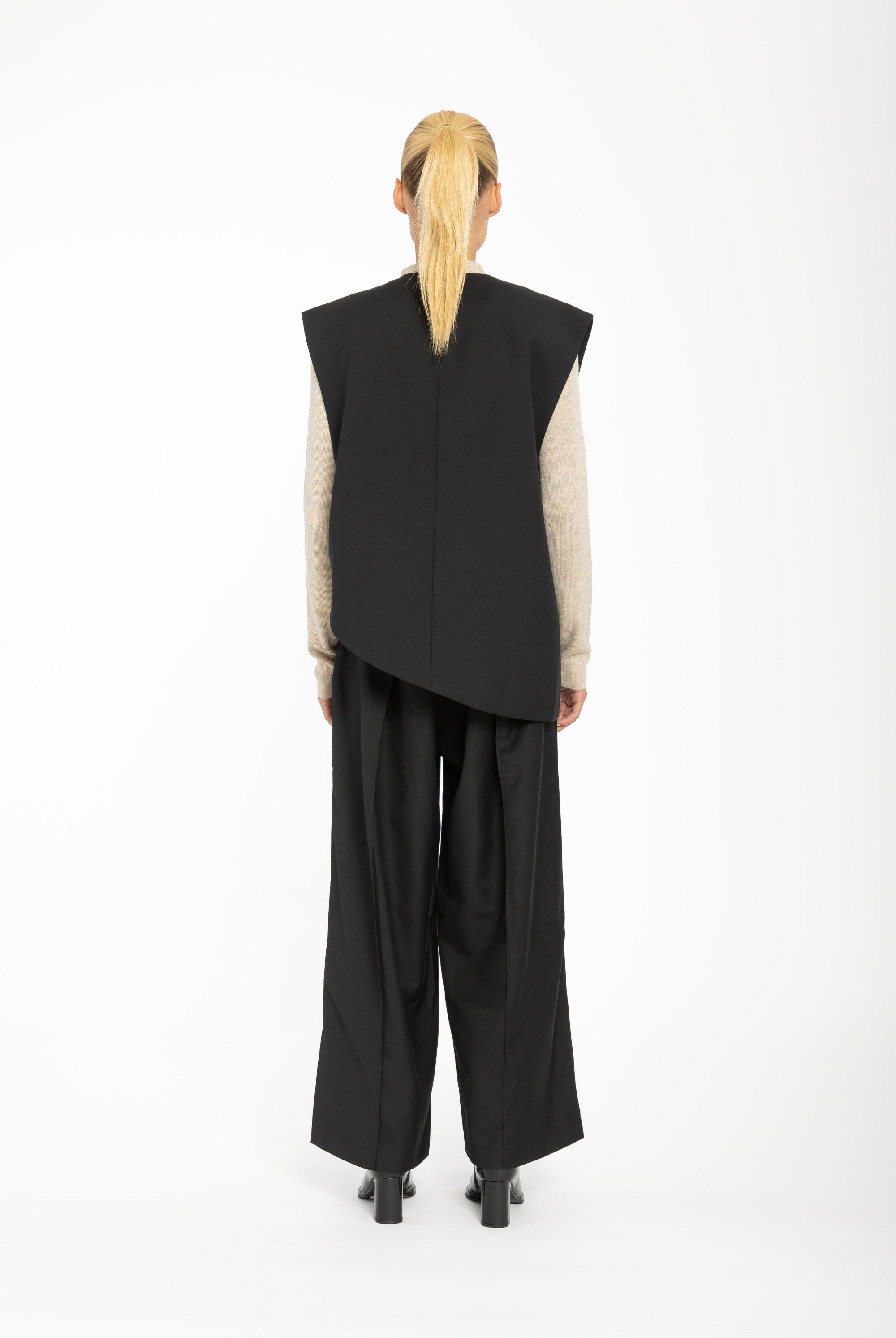 womens asymmetircal structured vest black back view