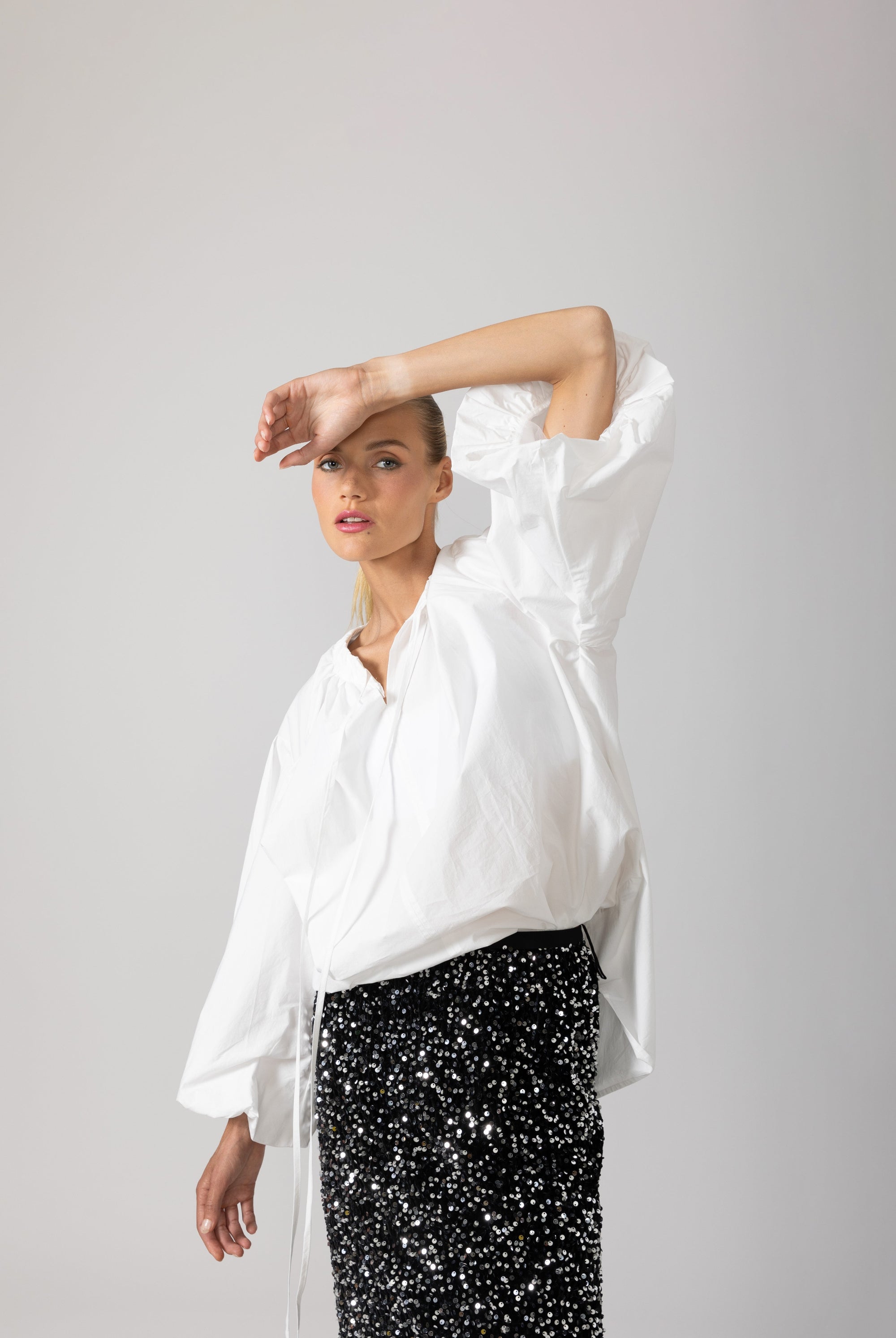 womens shirt with balloon sleeves and ruffles white