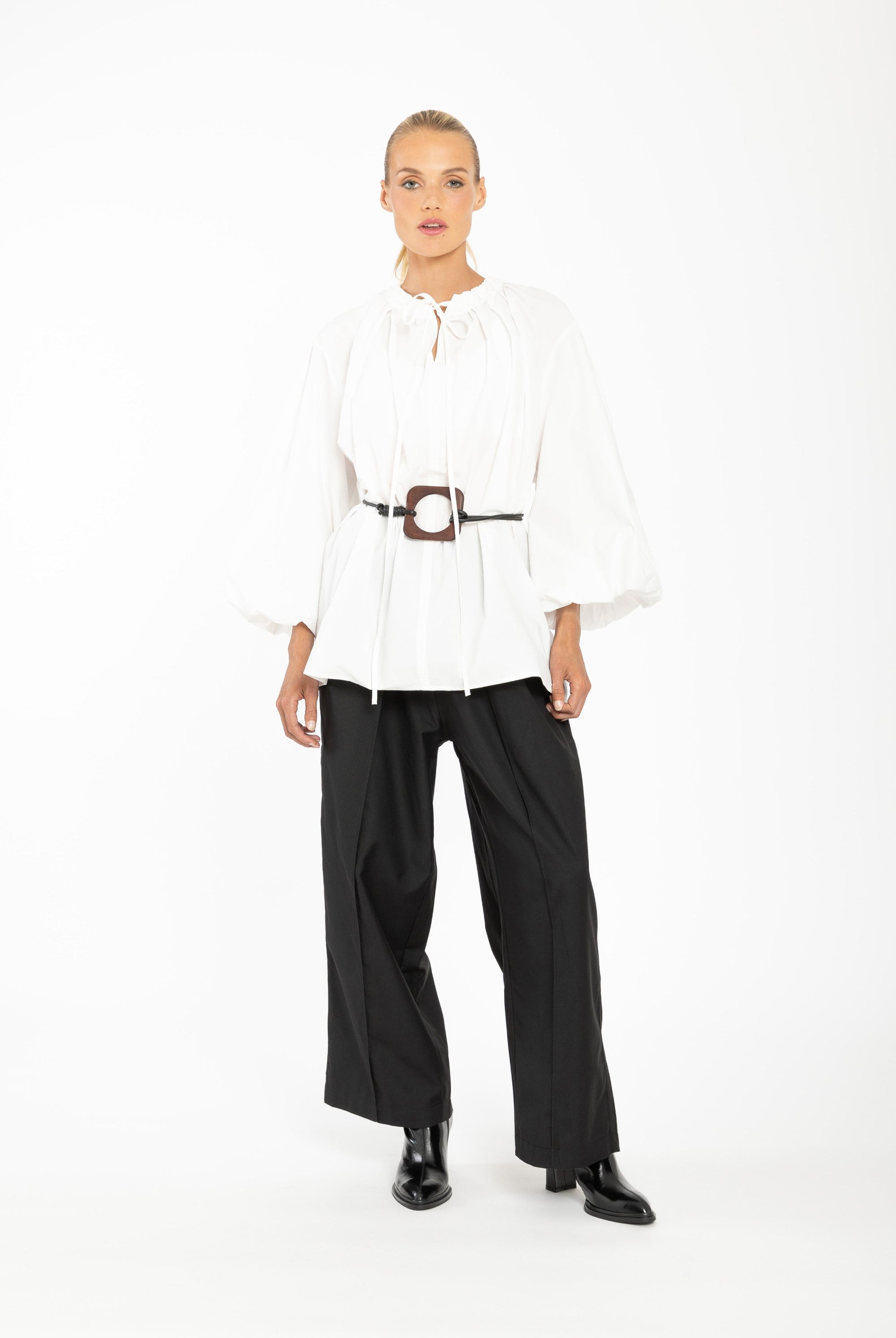 womens shirt with balloon sleeves and ruffles white