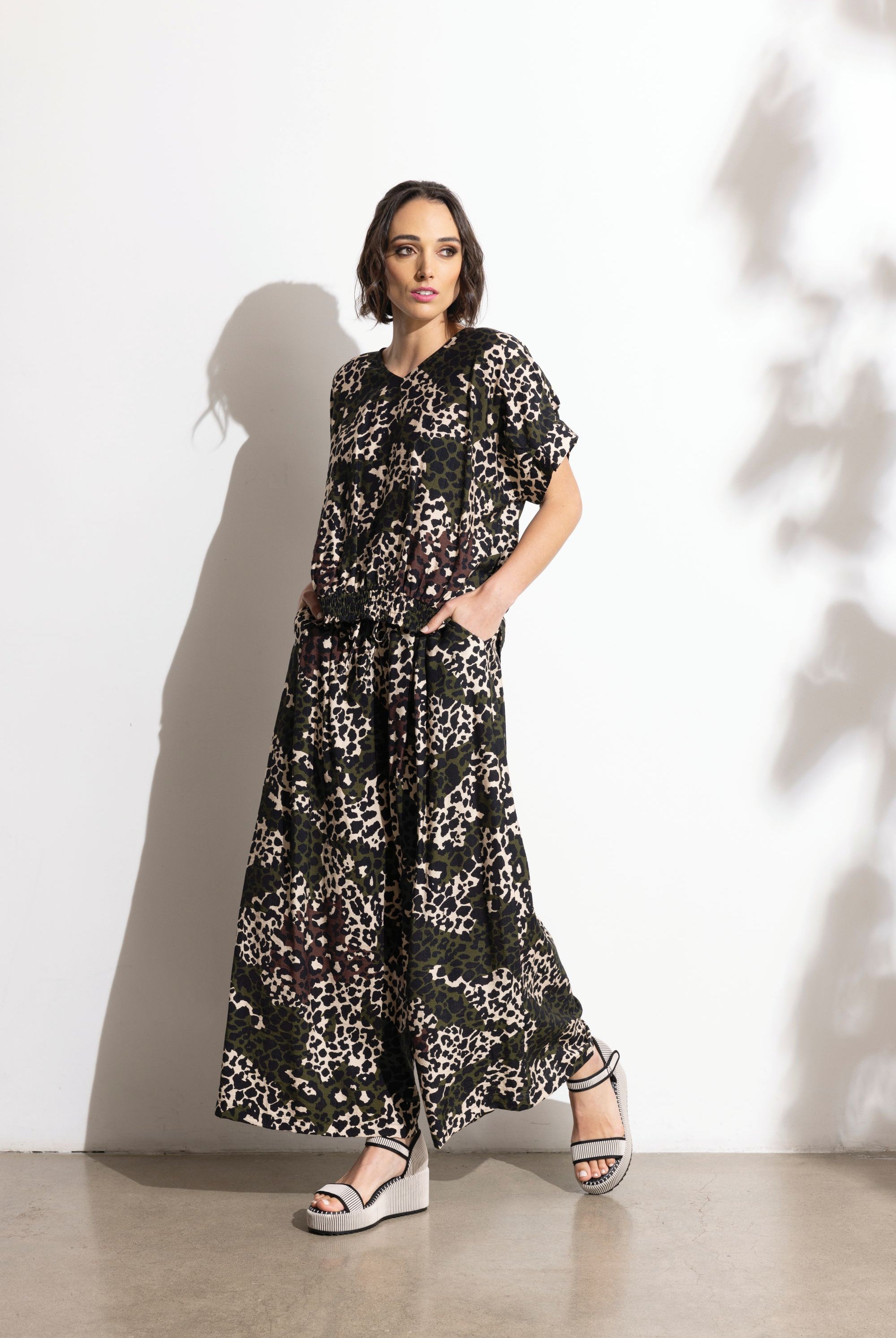 Womens leopard print multi khaki wide leg pants worn by model