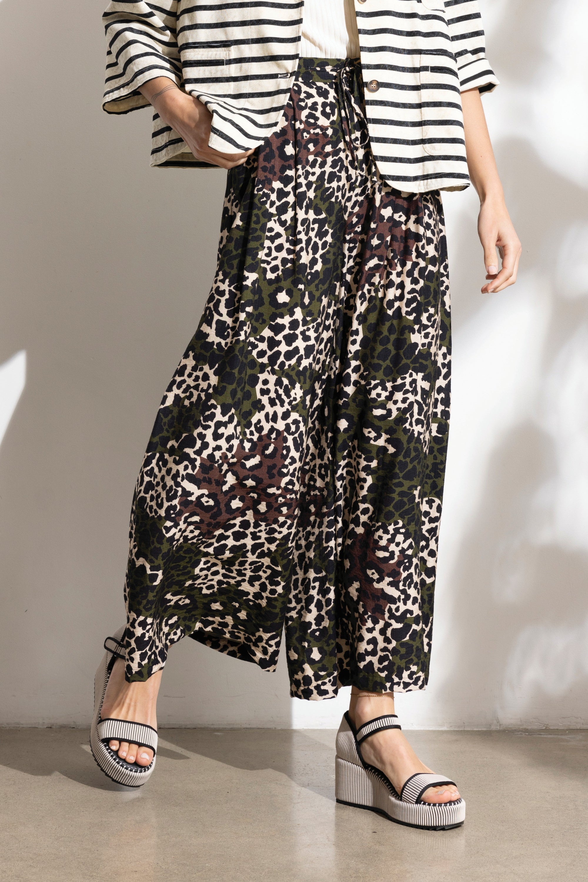 Womens leopard print multi khaki wide leg pants worn by model