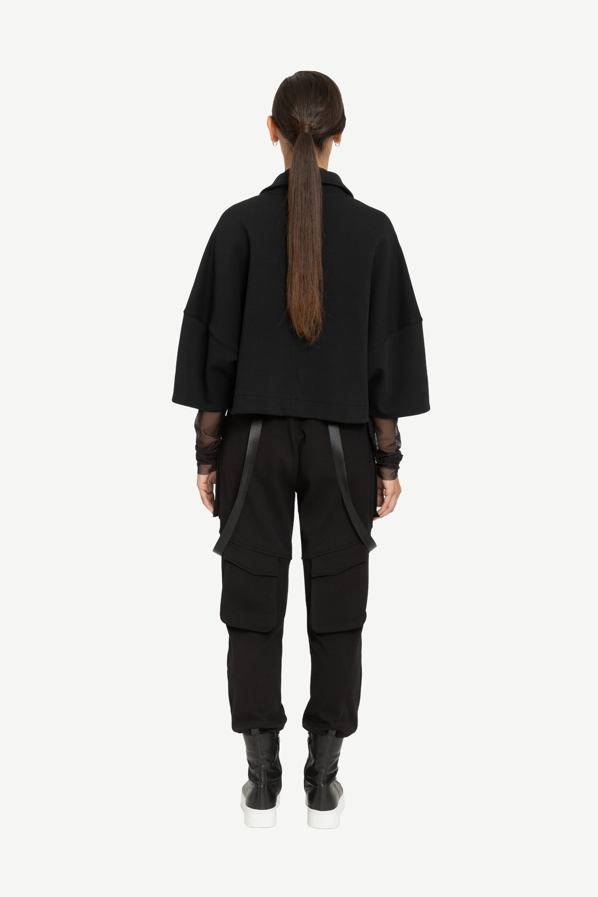 womens cropped structural jacket black back view