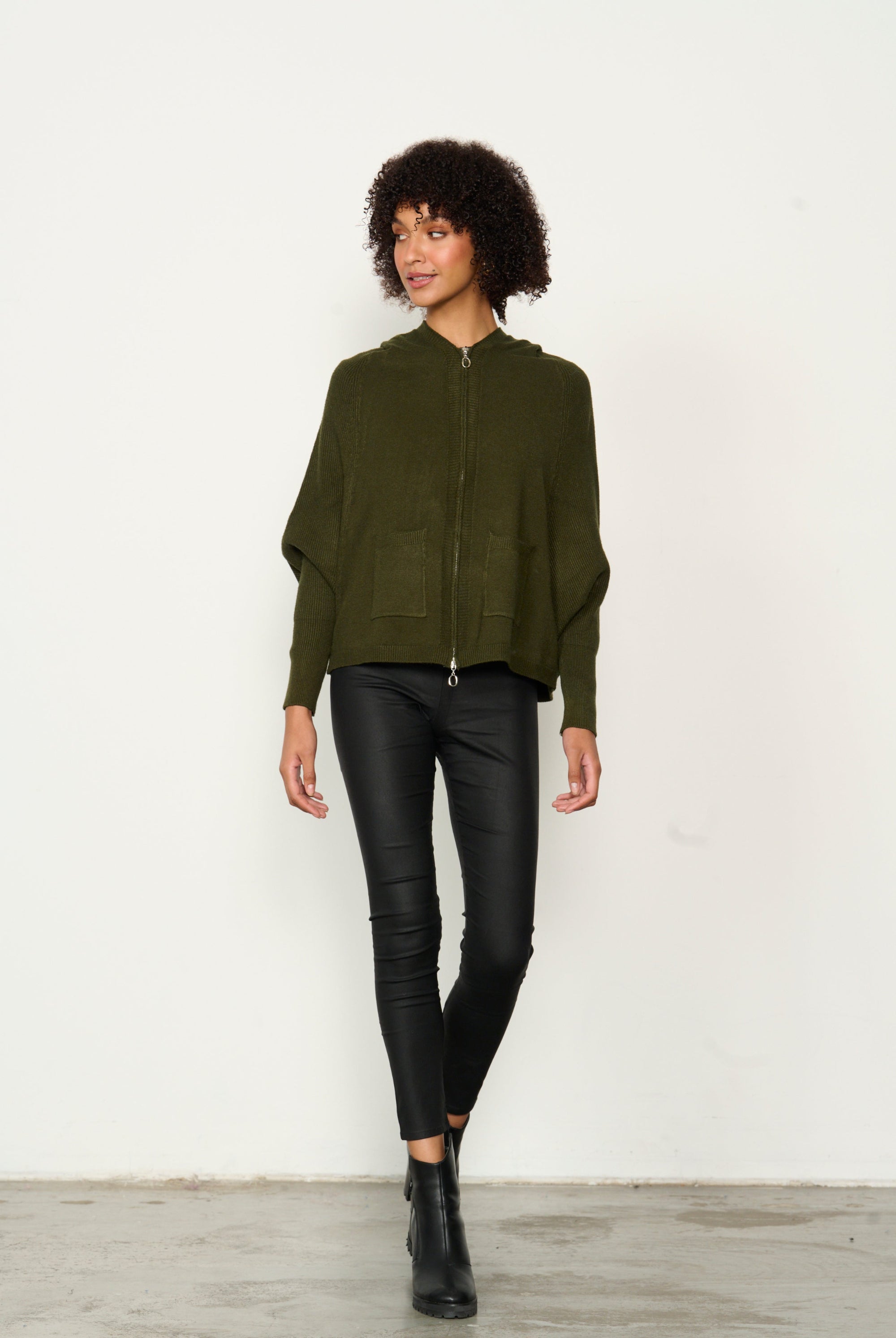 womens batwing zip through hoodie in khaki worn by model
