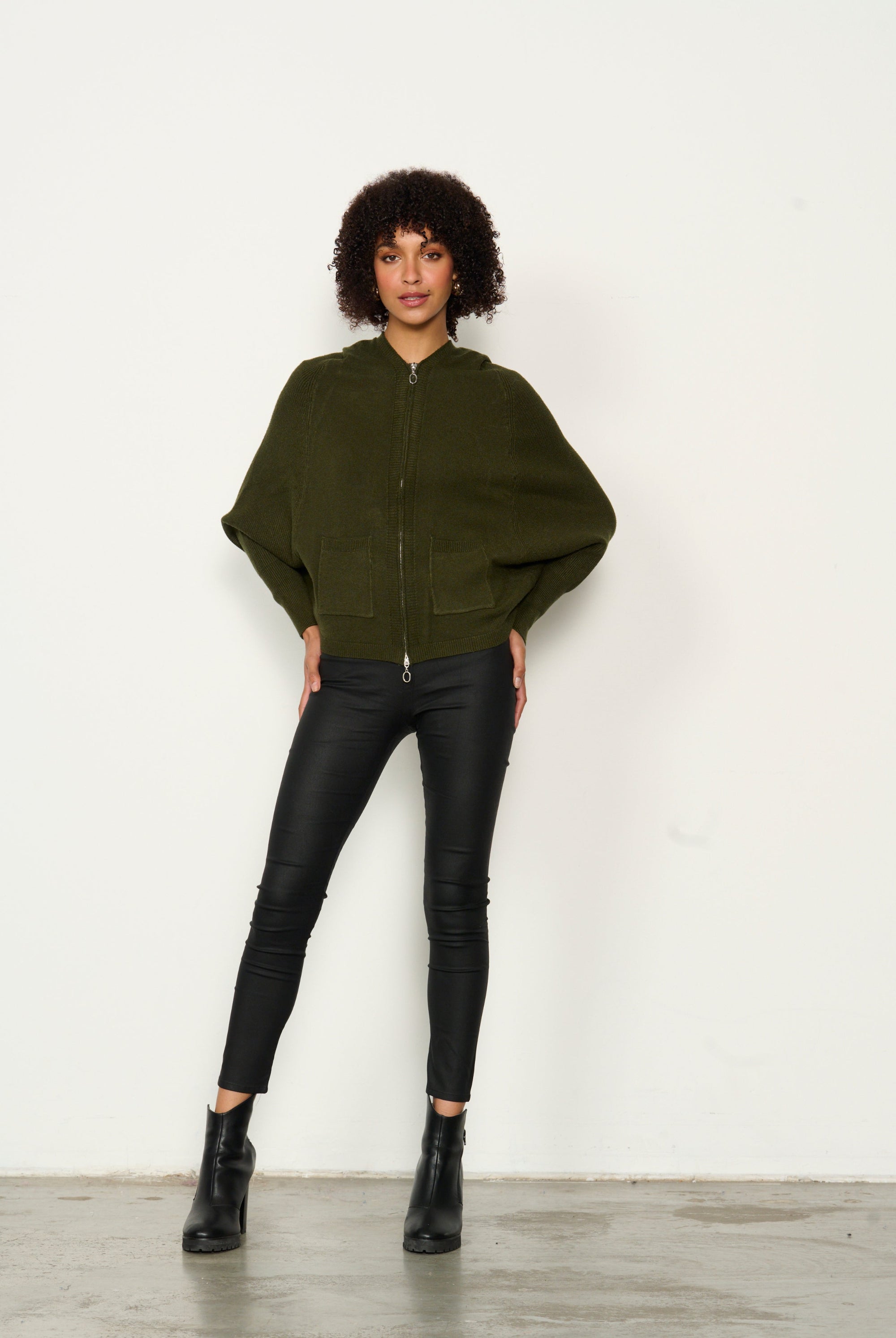 womens batwing zip through hoodie in khaki worn by model