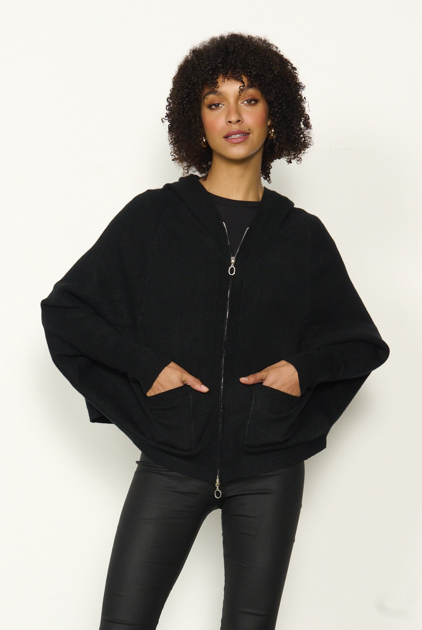 womens batwing zip through hoodie in black worn by model
