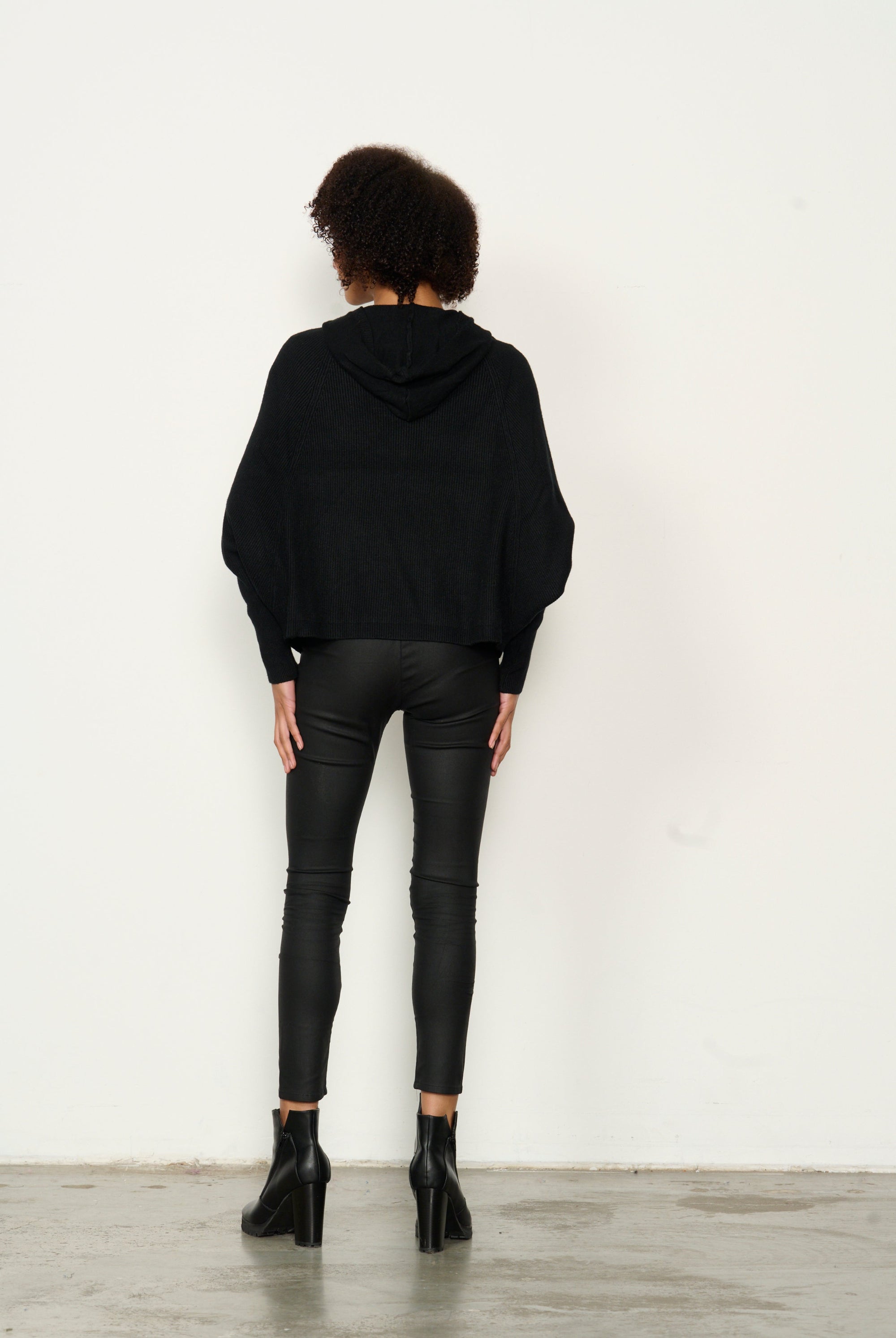 womens batwing zip through hoodie in black worn by model