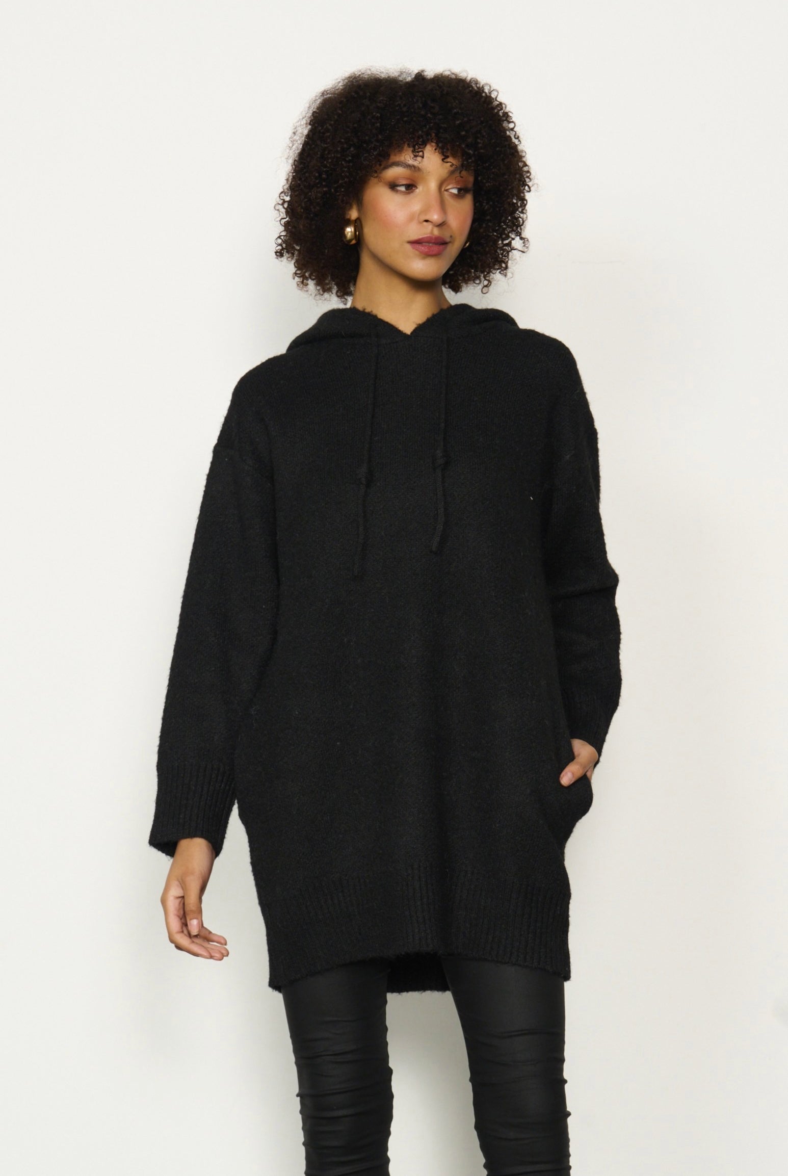 womens longline long sleeve hoodie in black worn by model