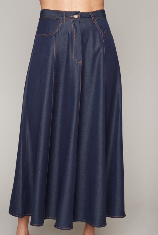 Navy blue denim skirt shown from front and side on a plain background