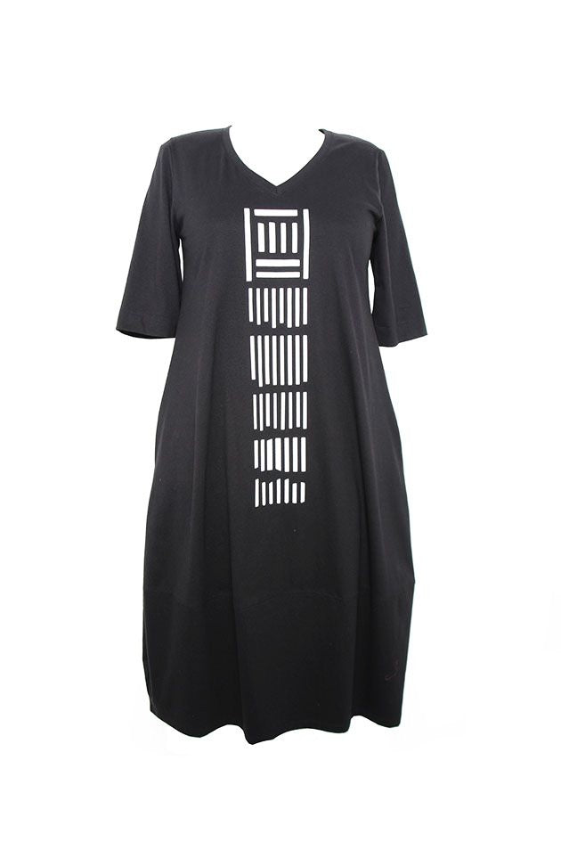 black cocoon shape dress with white screenprint