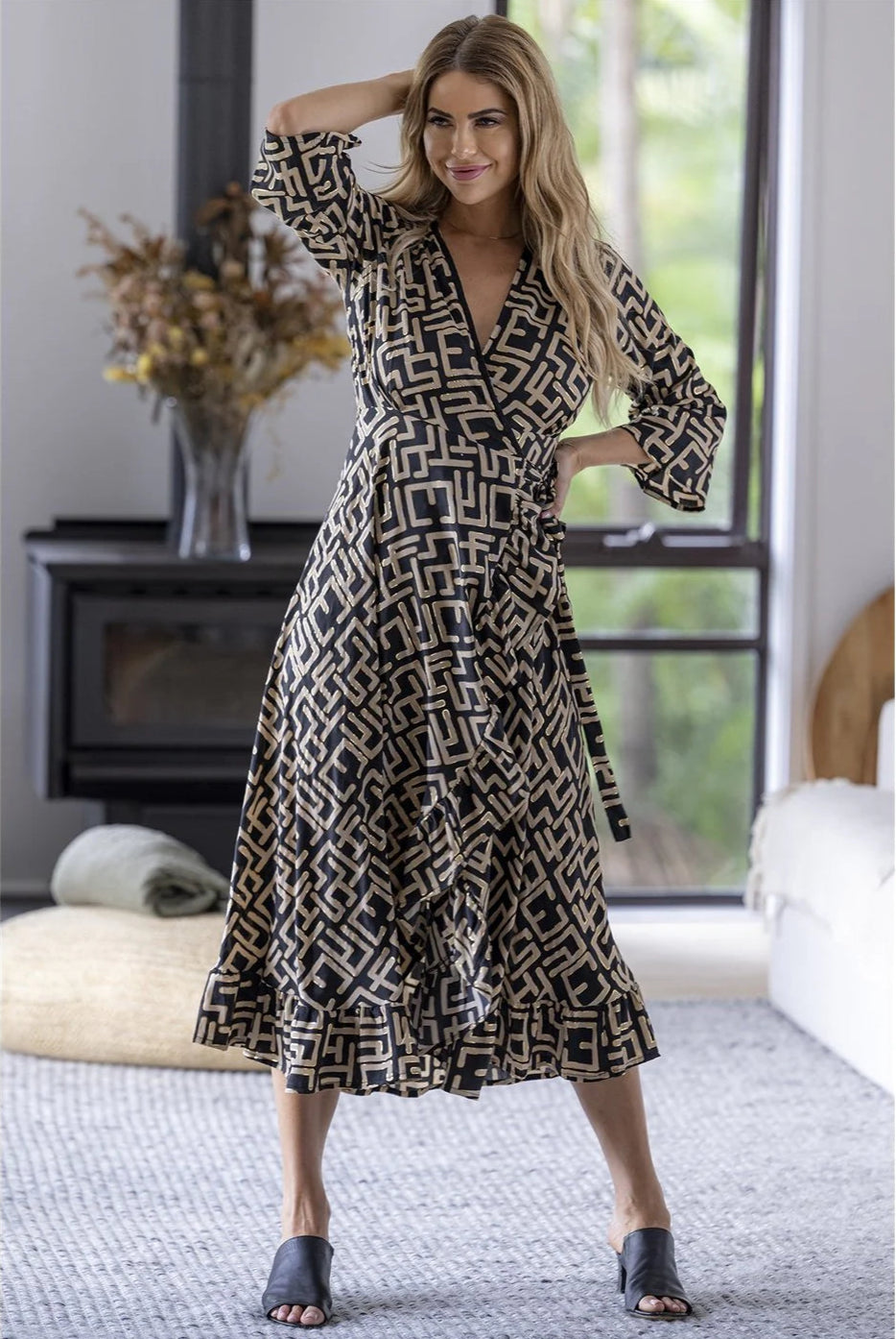 Cienna geo wrap dress black and gold wrap dress
