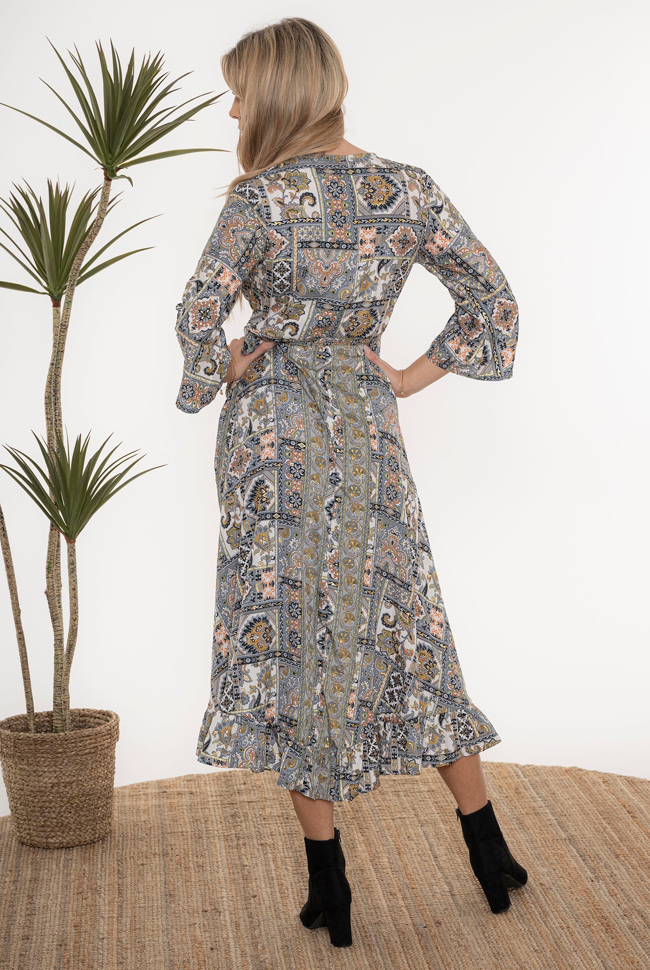 long wrap dress moroccan print worn by model back view