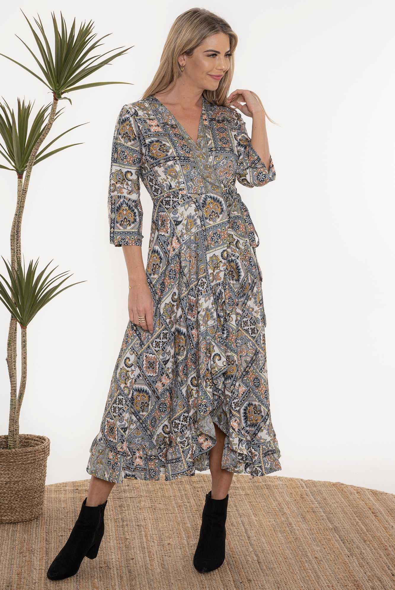 long wrap dress moroccan print worn by model